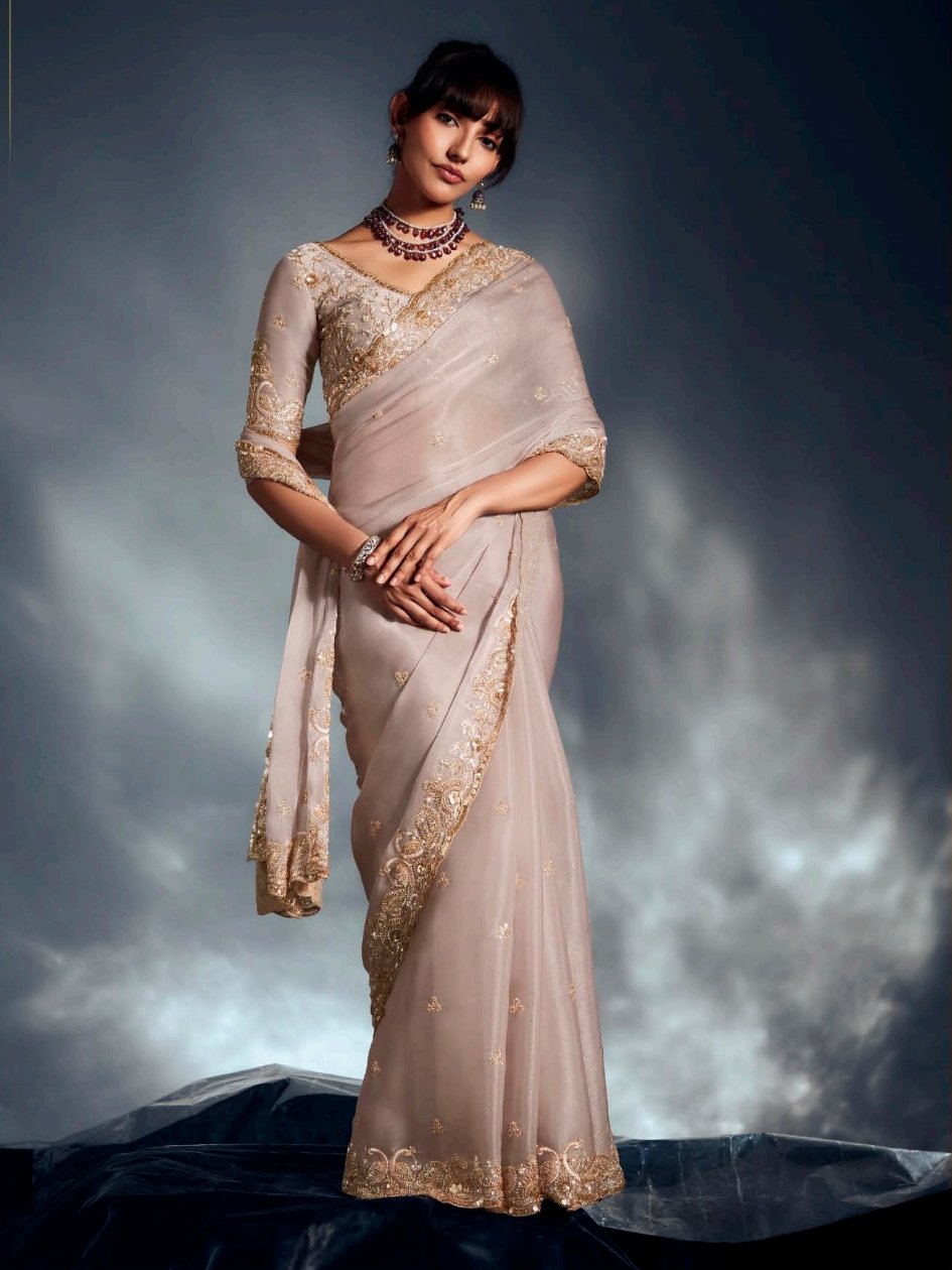 Attractive Beige Sequins Work Organza Function Wear Saree With Blouse
