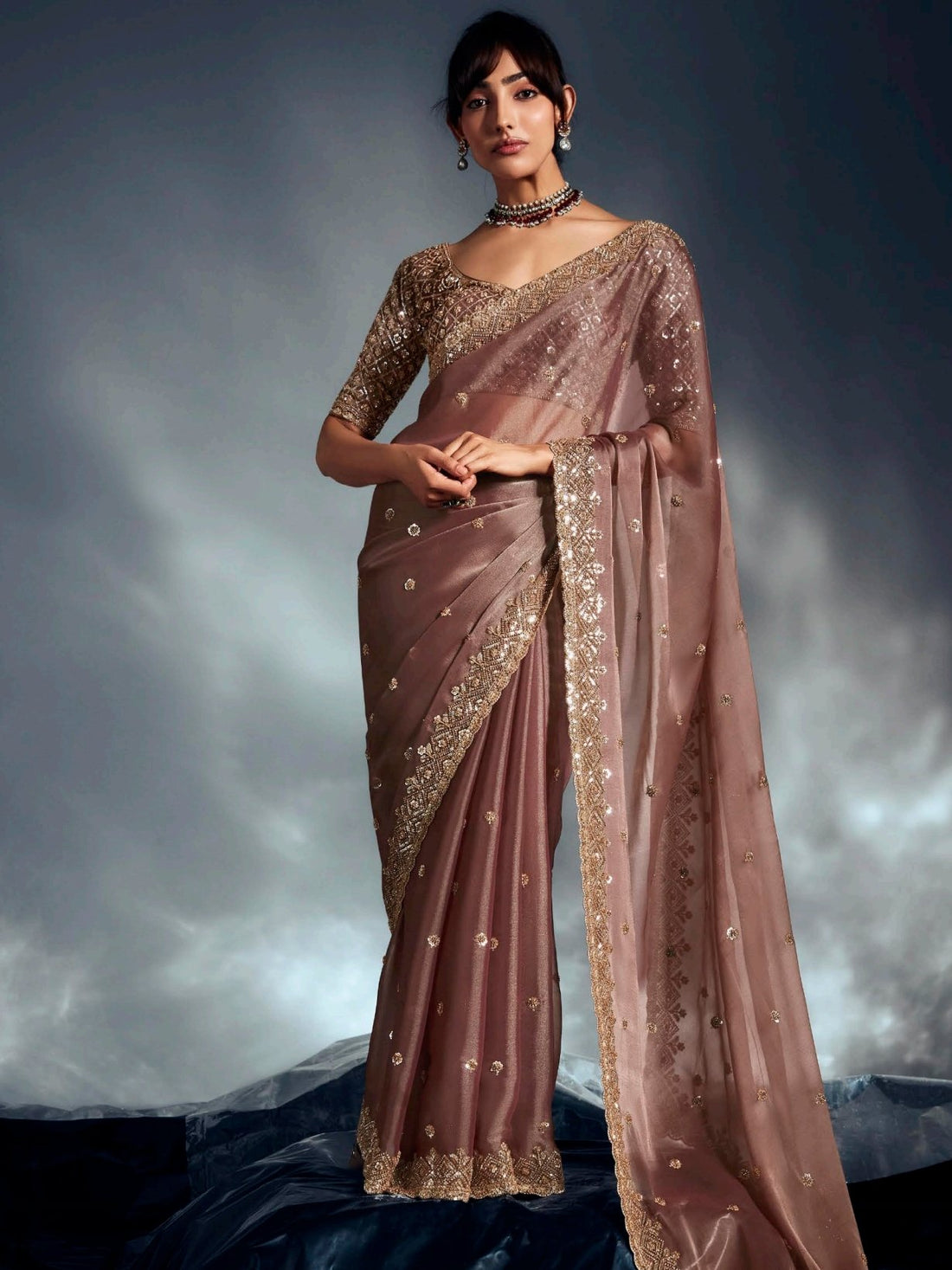 Pretty Dusky Brown Cutdana Embroidery Organza Bridesmaid Saree With Blouse