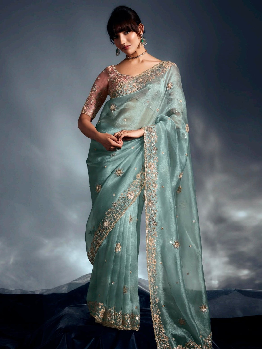 Outstanding Sea Green Khatli Embroidered Organza Party Wear Saree