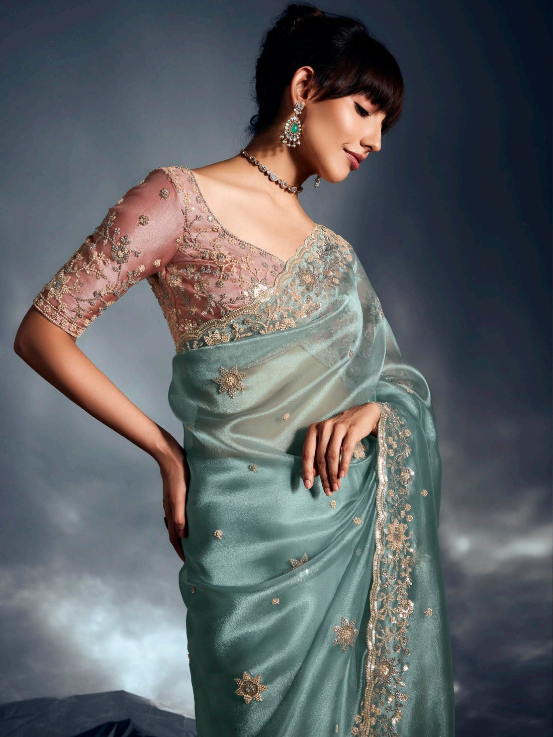Outstanding Sea Green Khatli Embroidered Organza Party Wear Saree