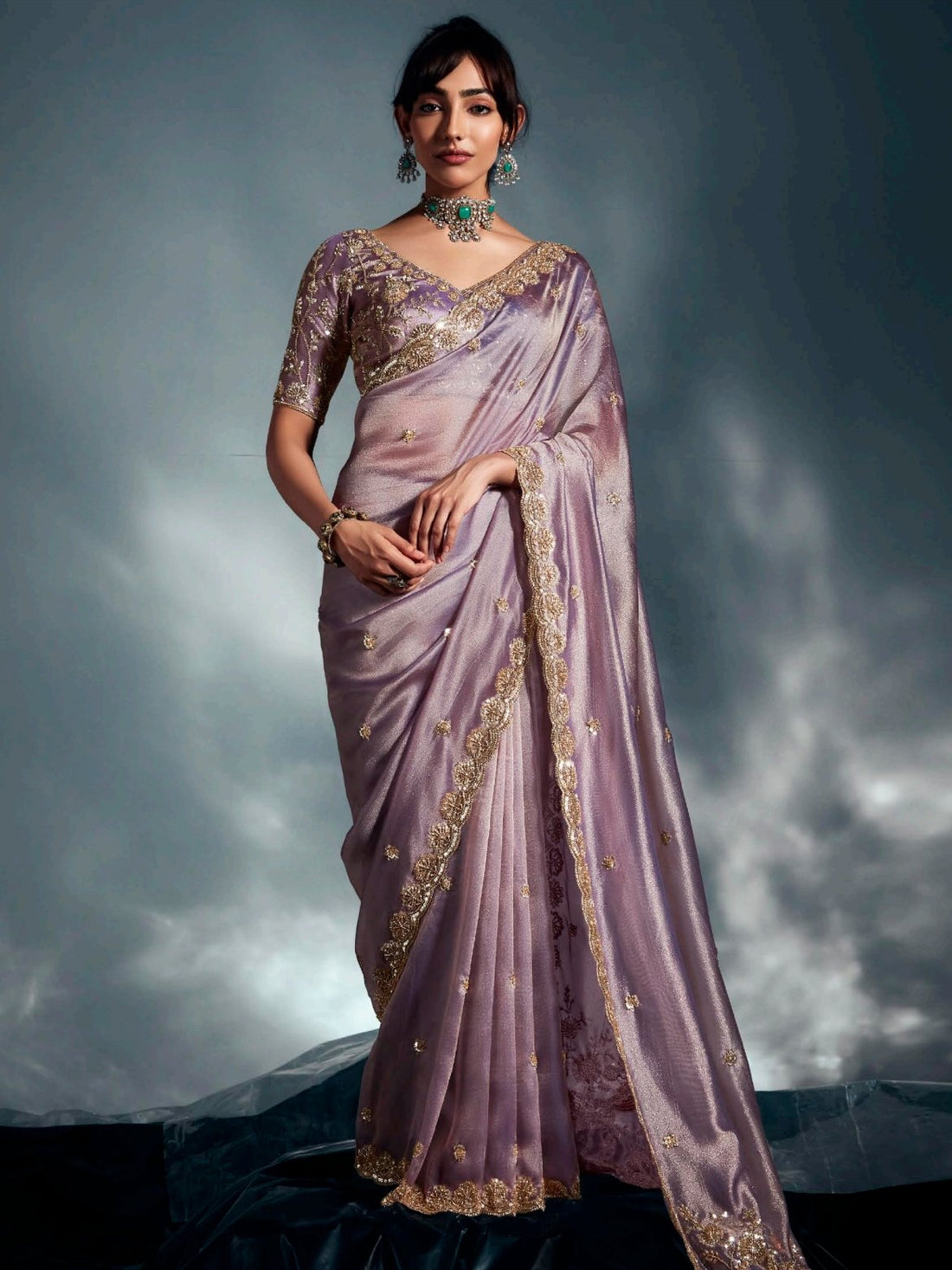 Dazzling Mauve Heavy Embroidered Organza Reception Wear Saree