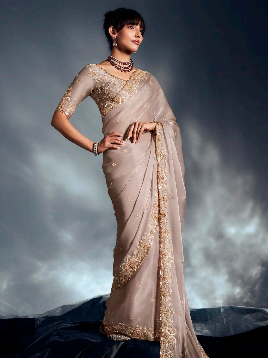 Attractive Beige Sequins Work Organza Function Wear Saree With Blouse
