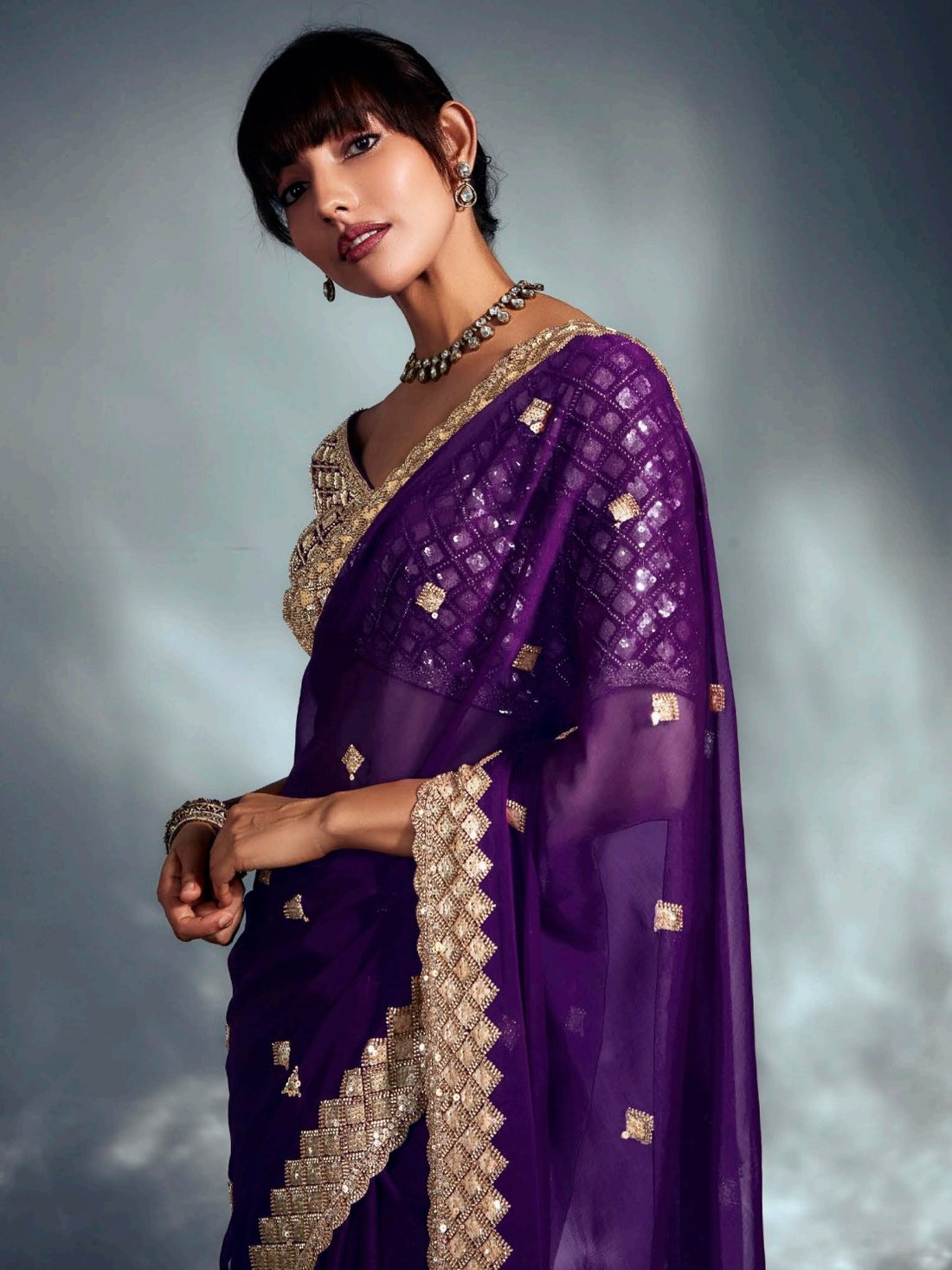Beautiful Purple Heavy Embroidered Organza Designer Saree