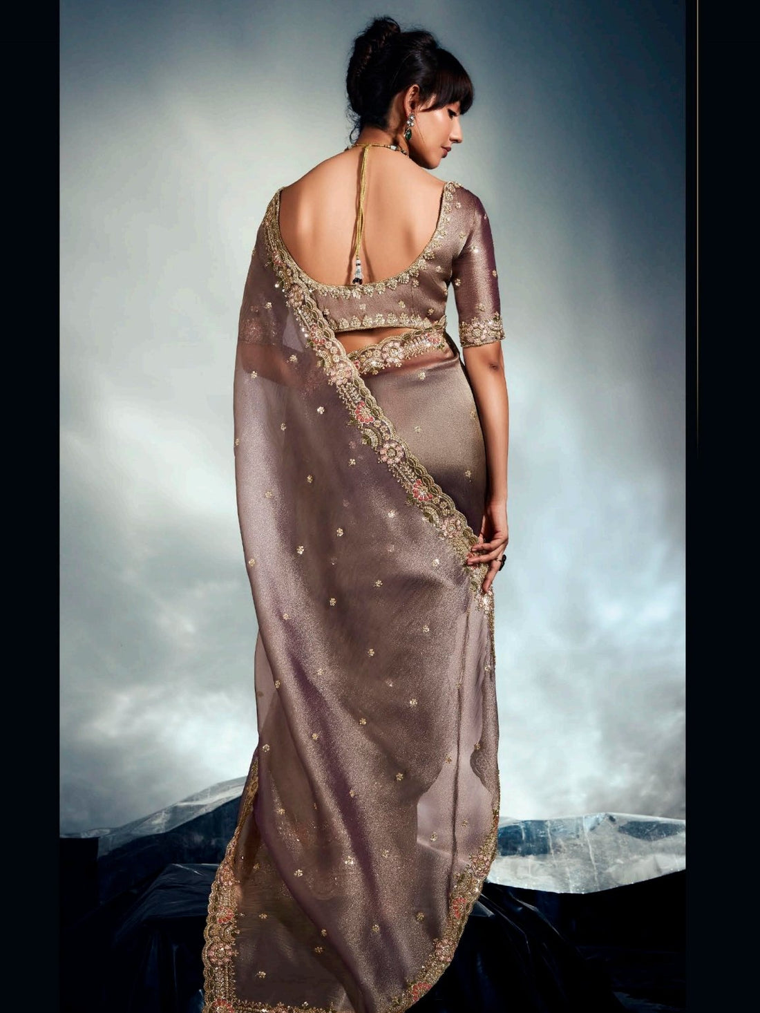 Noteworthy Brown Sequins Work Organza Reception Wear Saree With Blouse