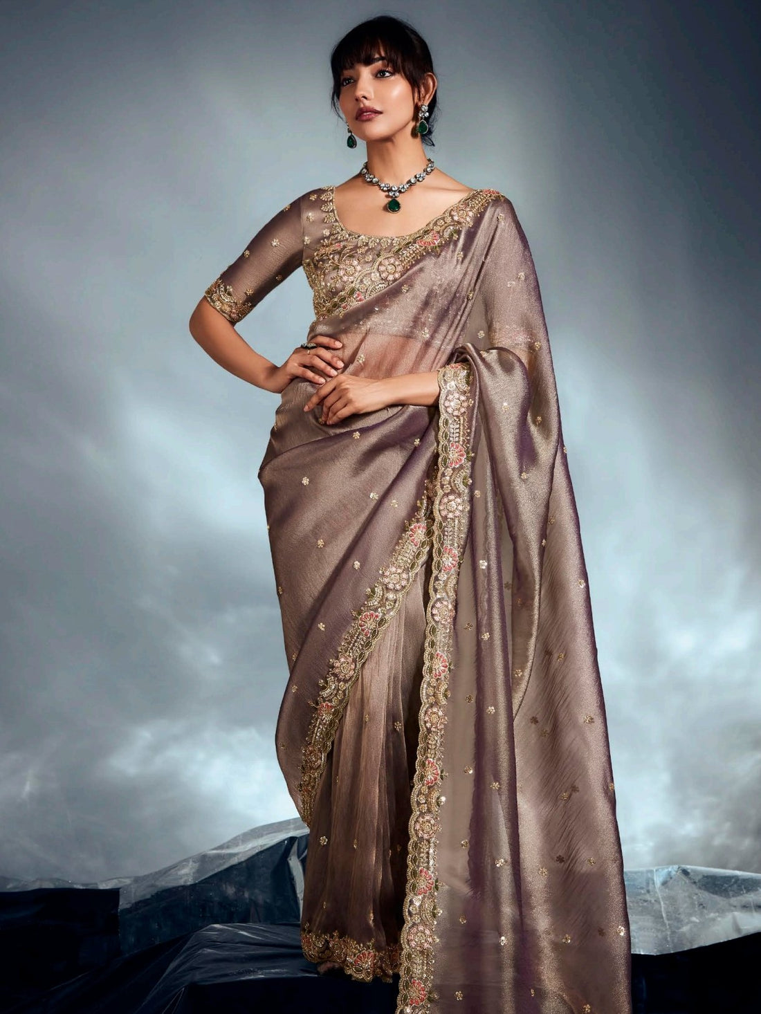 Noteworthy Brown Sequins Work Organza Reception Wear Saree With Blouse