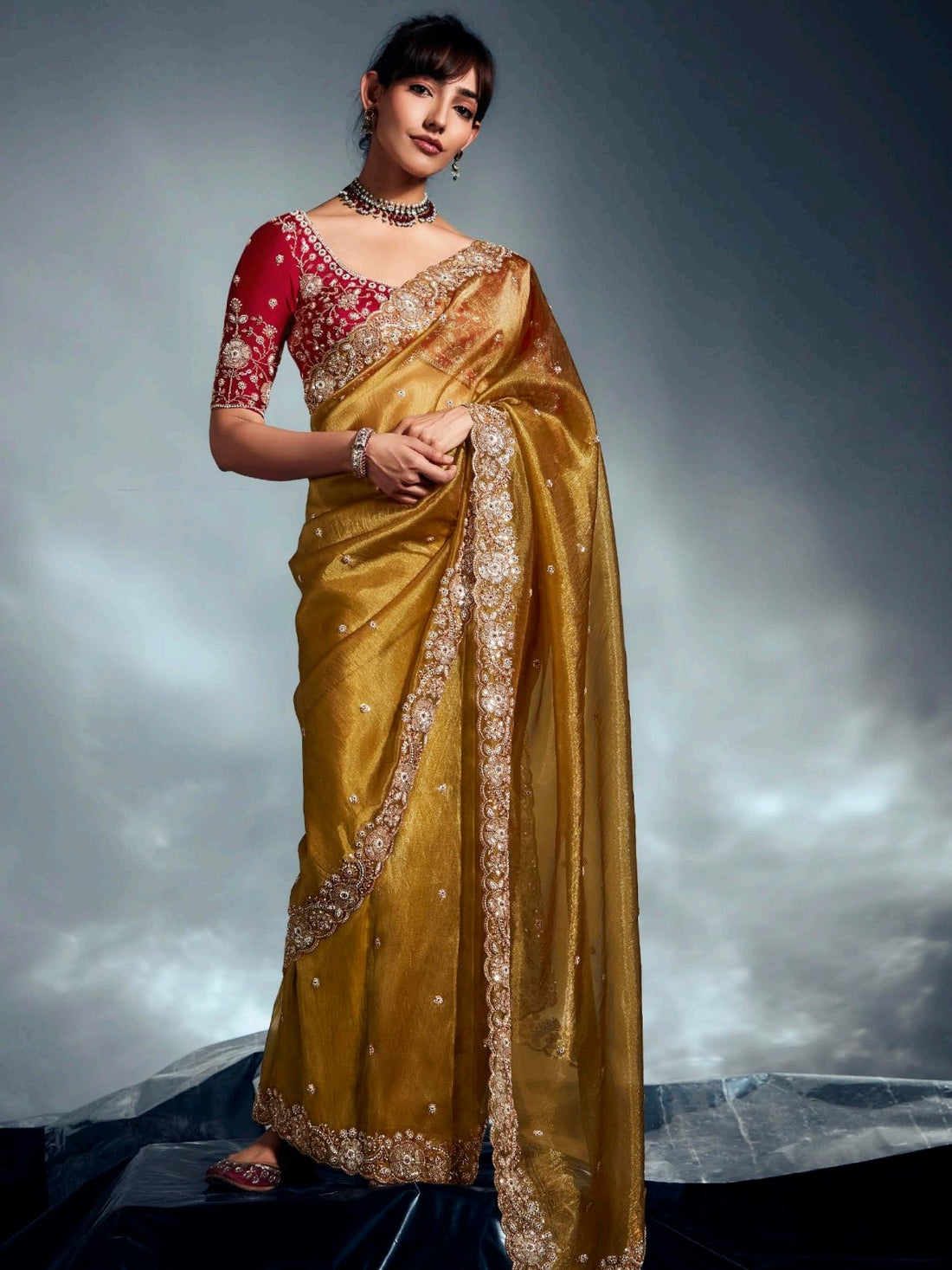 Adorable Mustard Yellow Embroidered Organza Haldi Wear Saree With Blouse