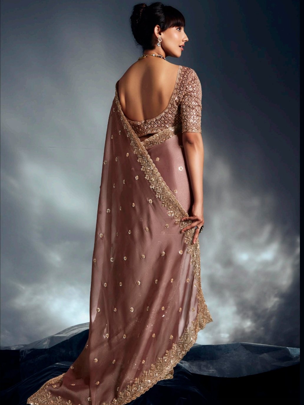 Pretty Dusky Brown Cutdana Embroidery Organza Bridesmaid Saree With Blouse