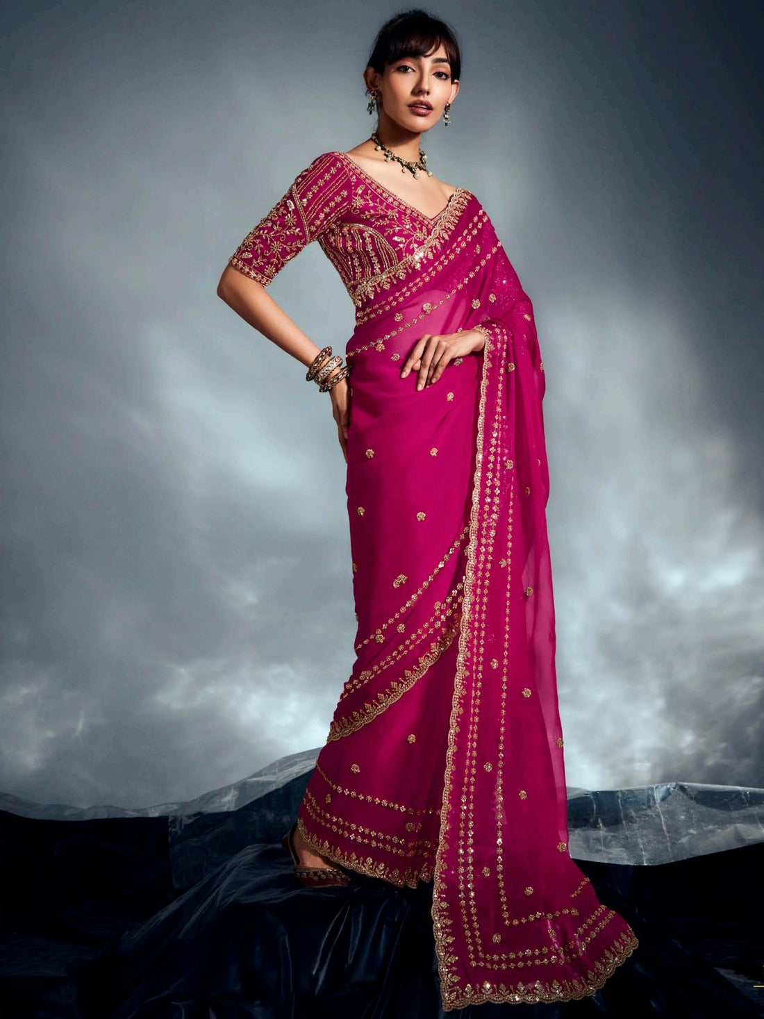 Alluring Hot Pink Cutdana Work Organza Engagement Wear Saree With Blouse