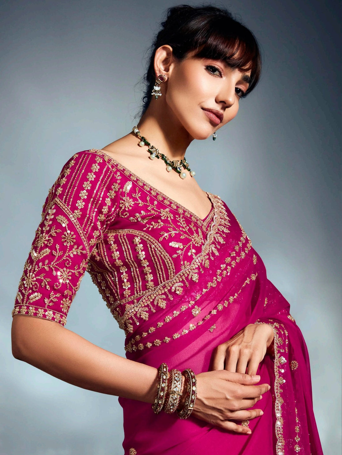 Alluring Hot Pink Cutdana Work Organza Engagement Wear Saree With Blouse