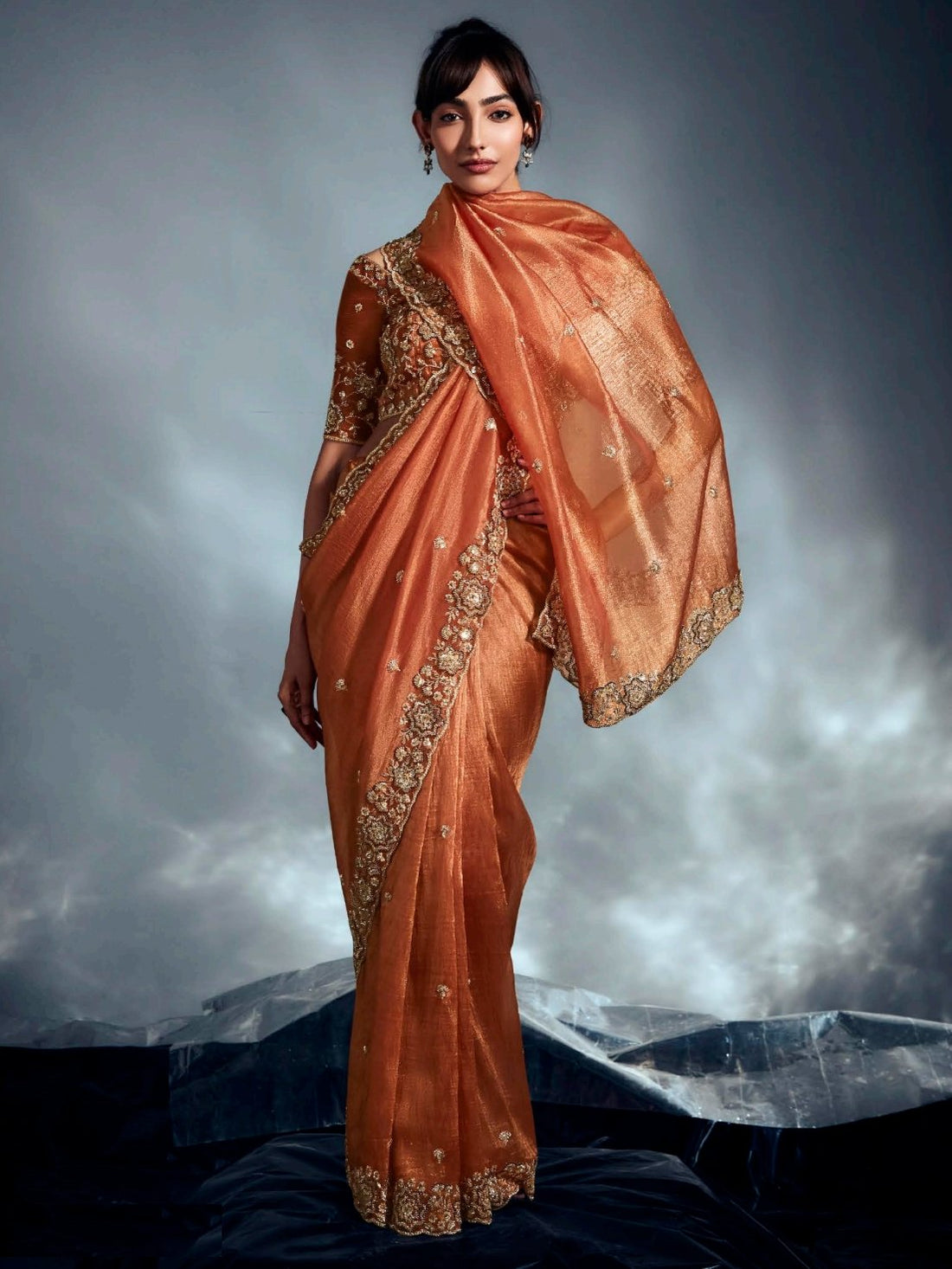 Significant Orange Khatli Work Organza Party Wear Saree With Blouse