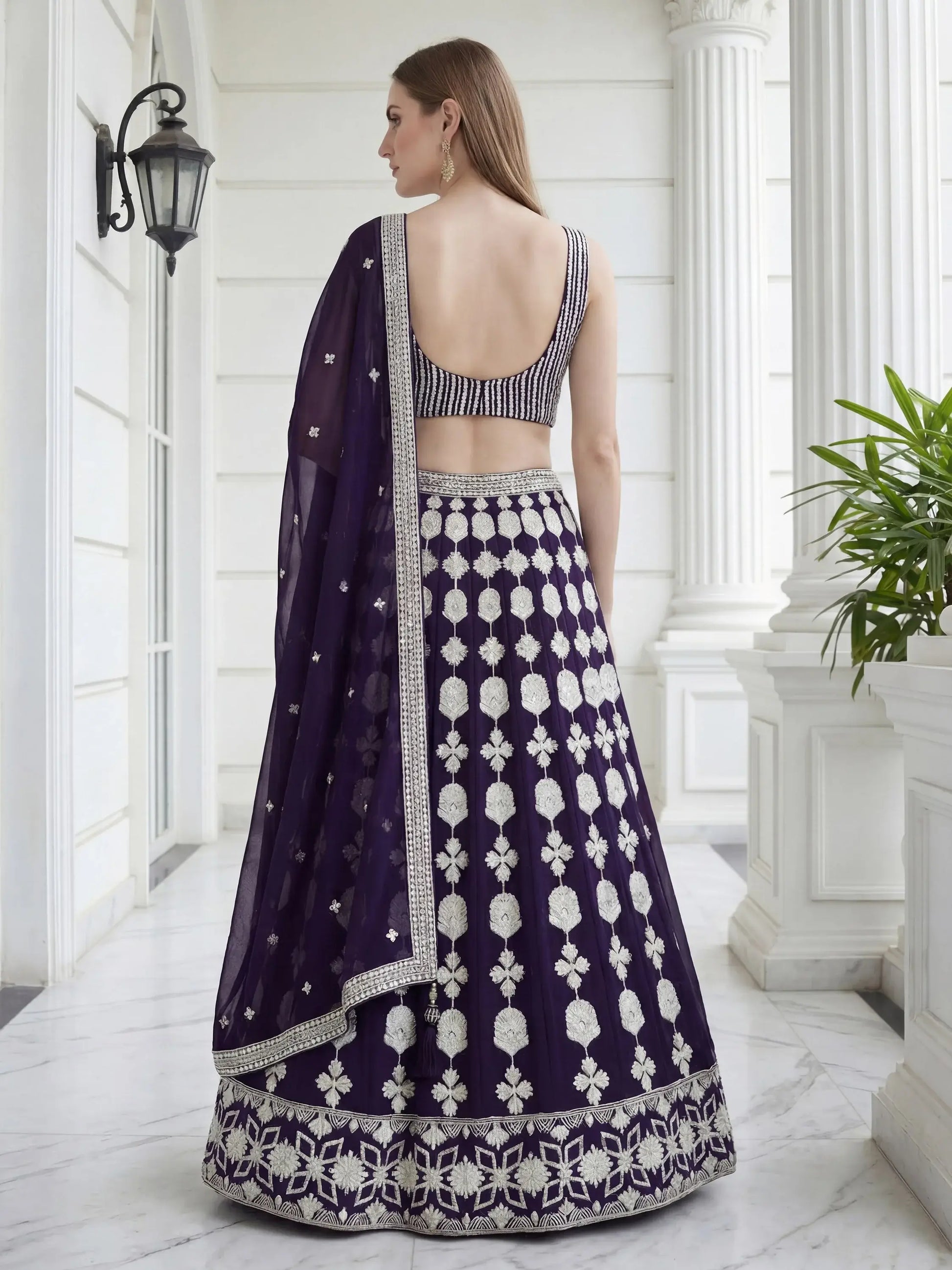 Pleasant Purple Sequin Georgette Wedding Wear Lehenga With Blouse