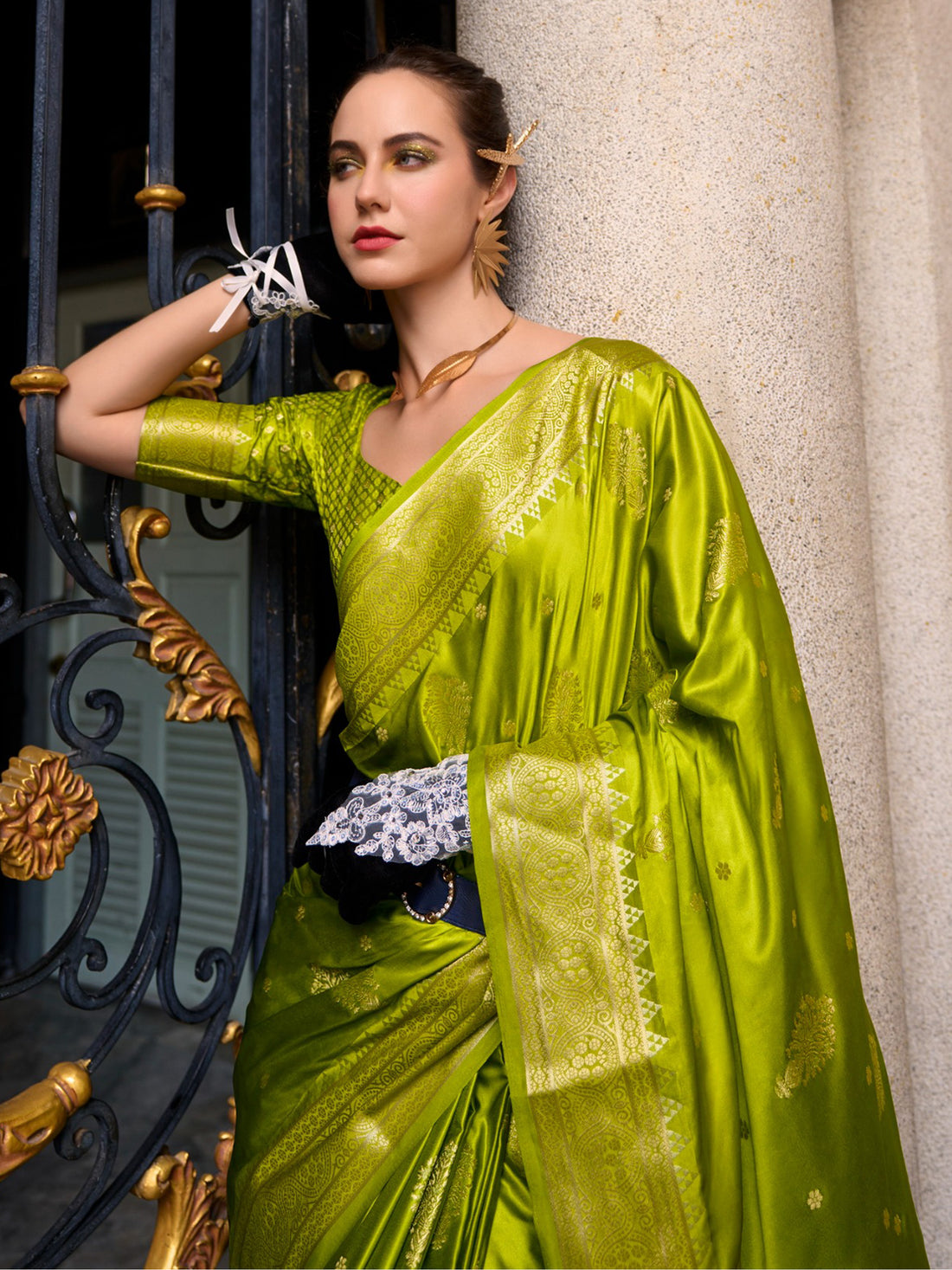 Gorgeous Olive Green Zari Weaving Silk Mehendi Wear Saree With Blouse