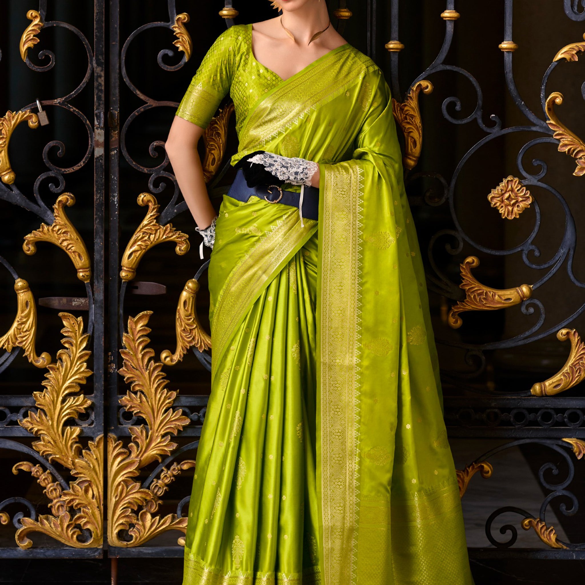 Gorgeous Olive Green Zari Weaving Silk Mehendi Wear Saree With Blouse