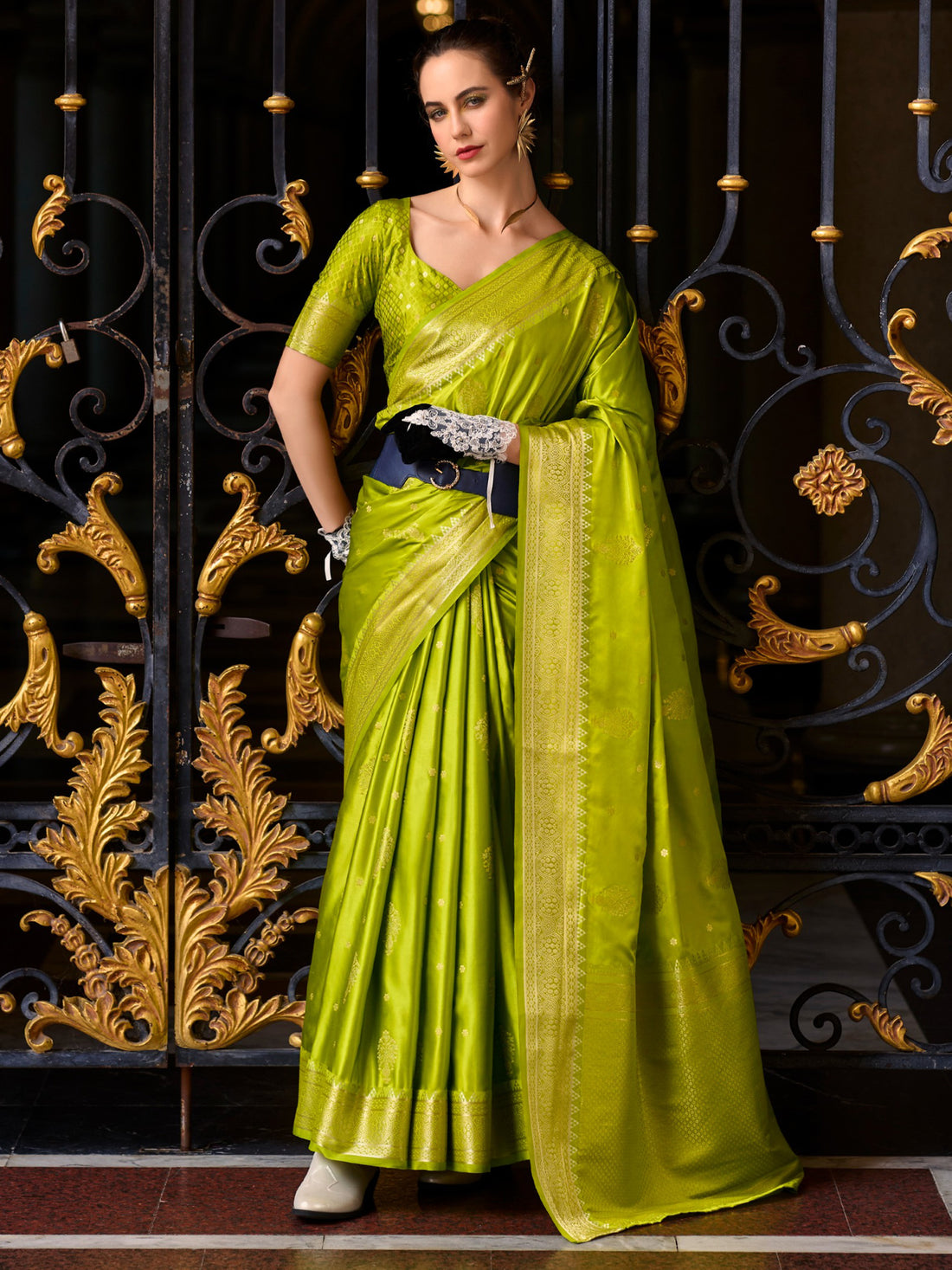 Gorgeous Olive Green Zari Weaving Silk Mehendi Wear Saree With Blouse