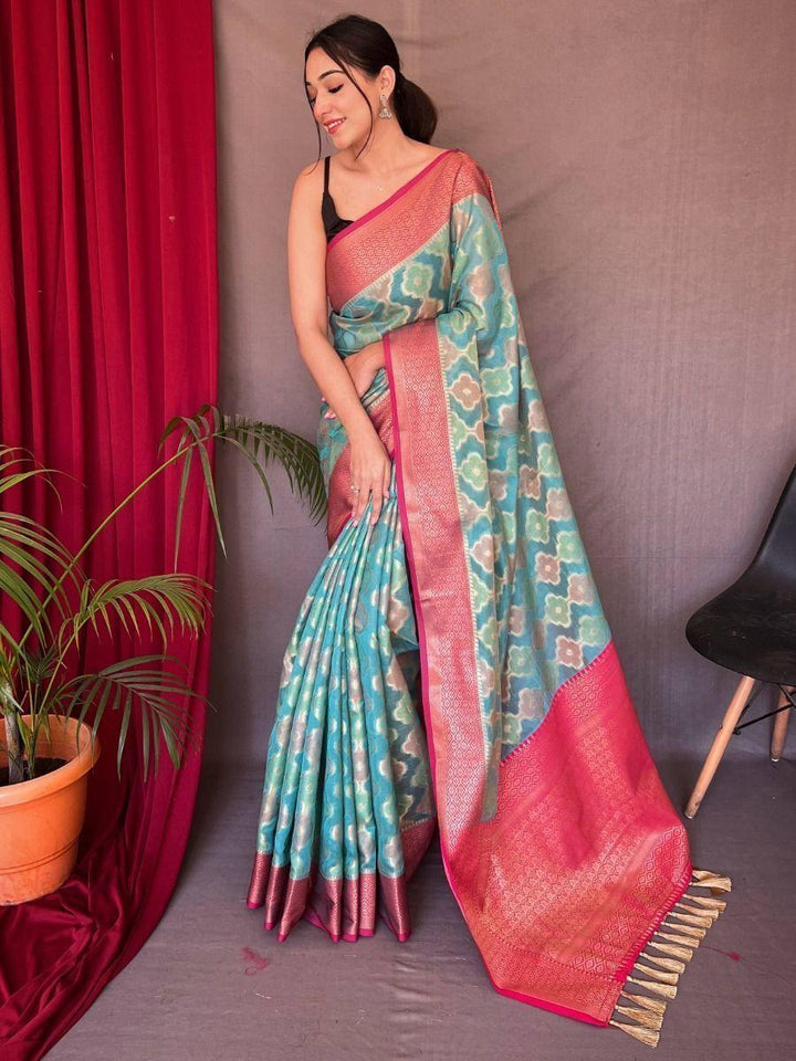 Delightful Sky Blue Woven Tissue Silk Event Wear Saree With Blouse