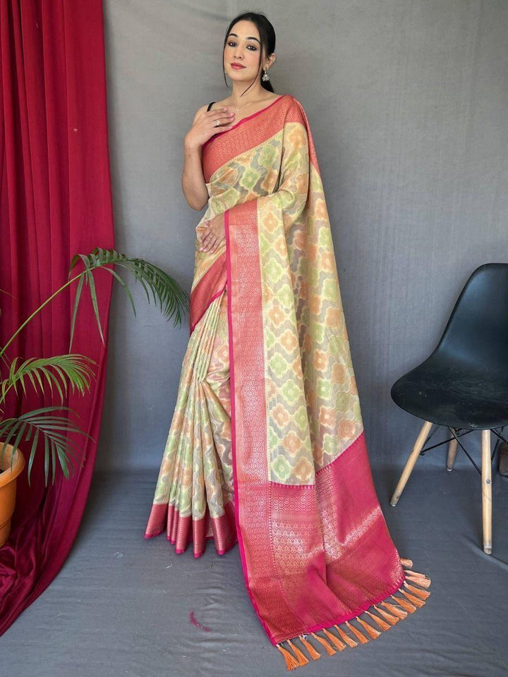 Stunning Cream Woven Tissue Silk Wedding Wear Saree With Blouse