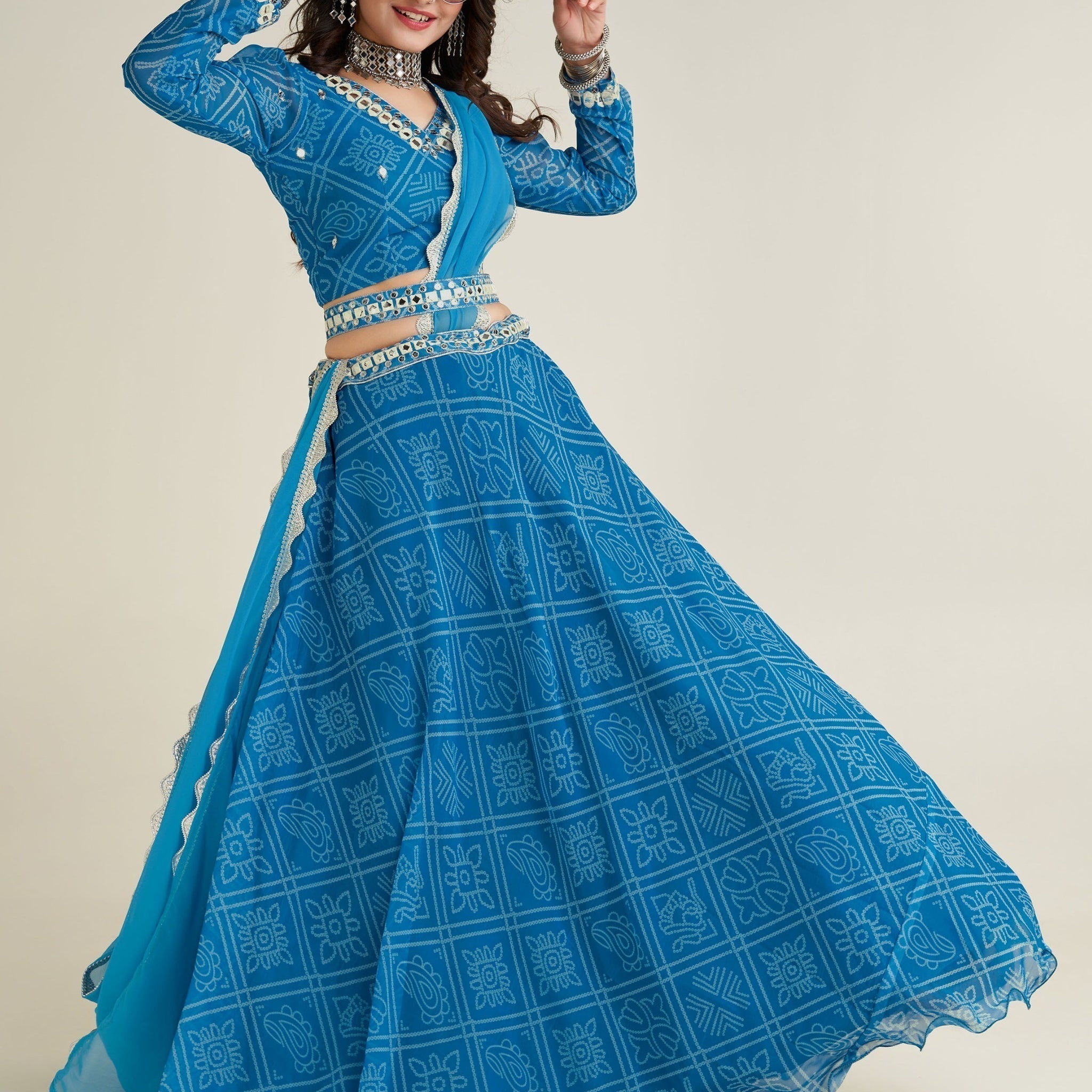 Gorgeous Sky-Blue Bandhani Print Georgette Navratri Wear Lehenga Choli