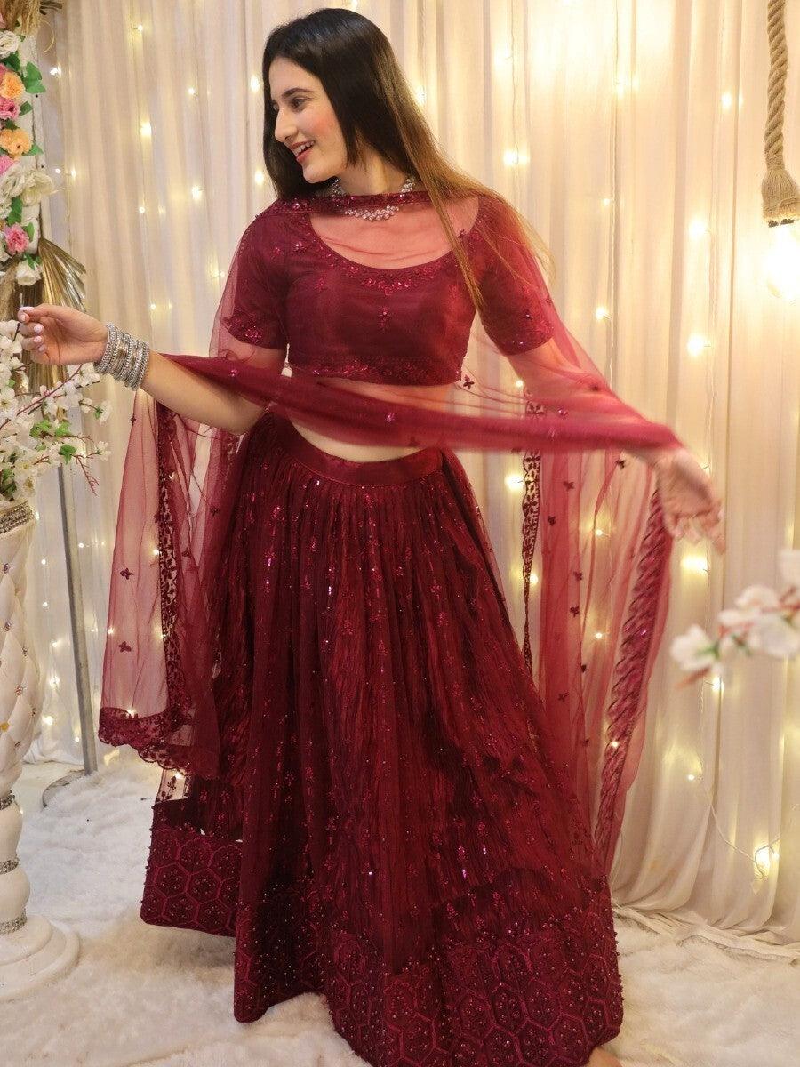 Splendid Wine Embroidered Net Reception Wear Lehenga Choli With Dupatta