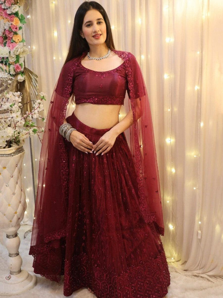 Splendid Wine Embroidered Net Reception Wear Lehenga Choli With Dupatta