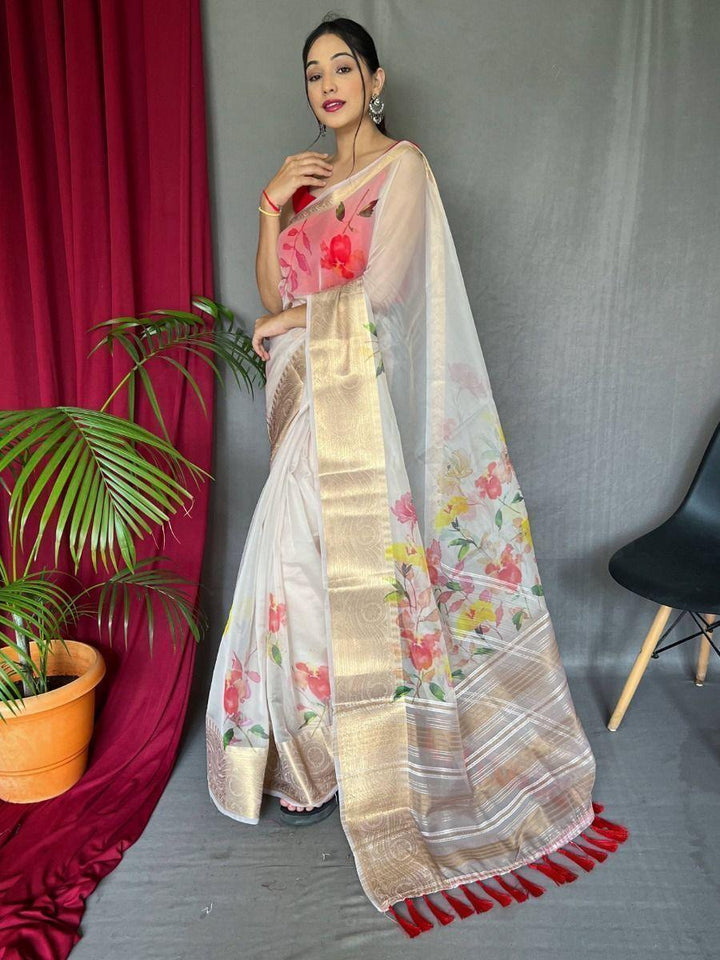 Attractive Cream Pichwai Print Organza Festival Wear Saree With Blouse