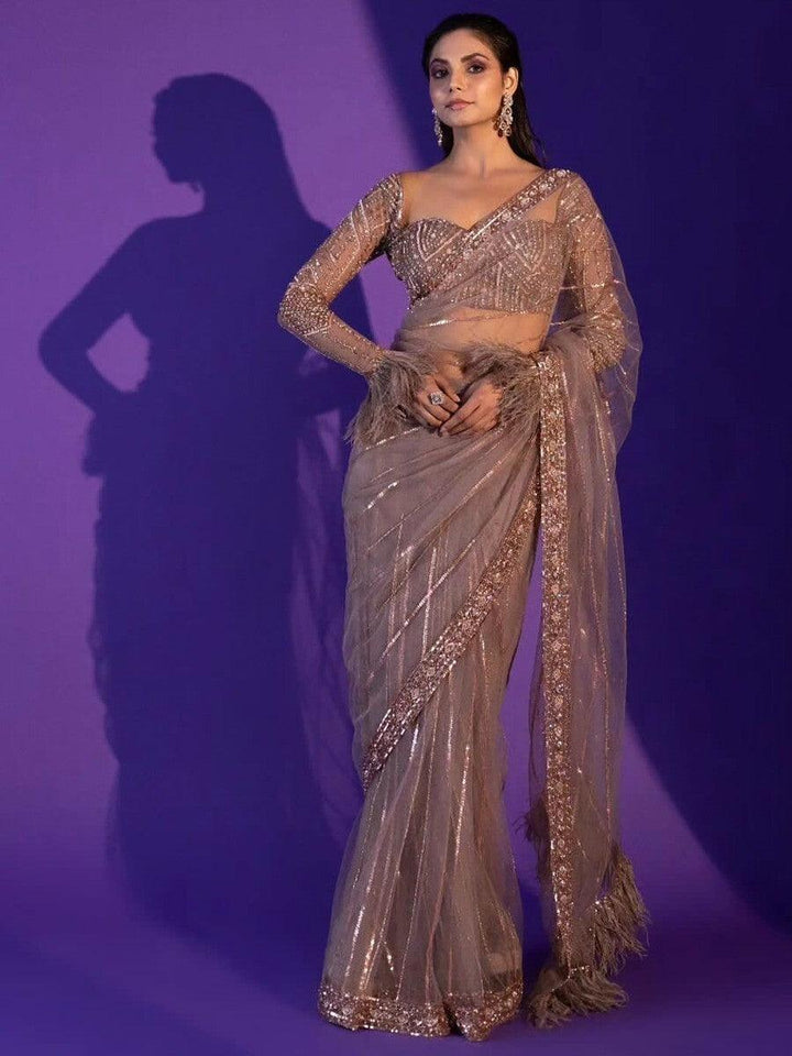 Captivating Grey Sequins Net Designer Saree With Blouse