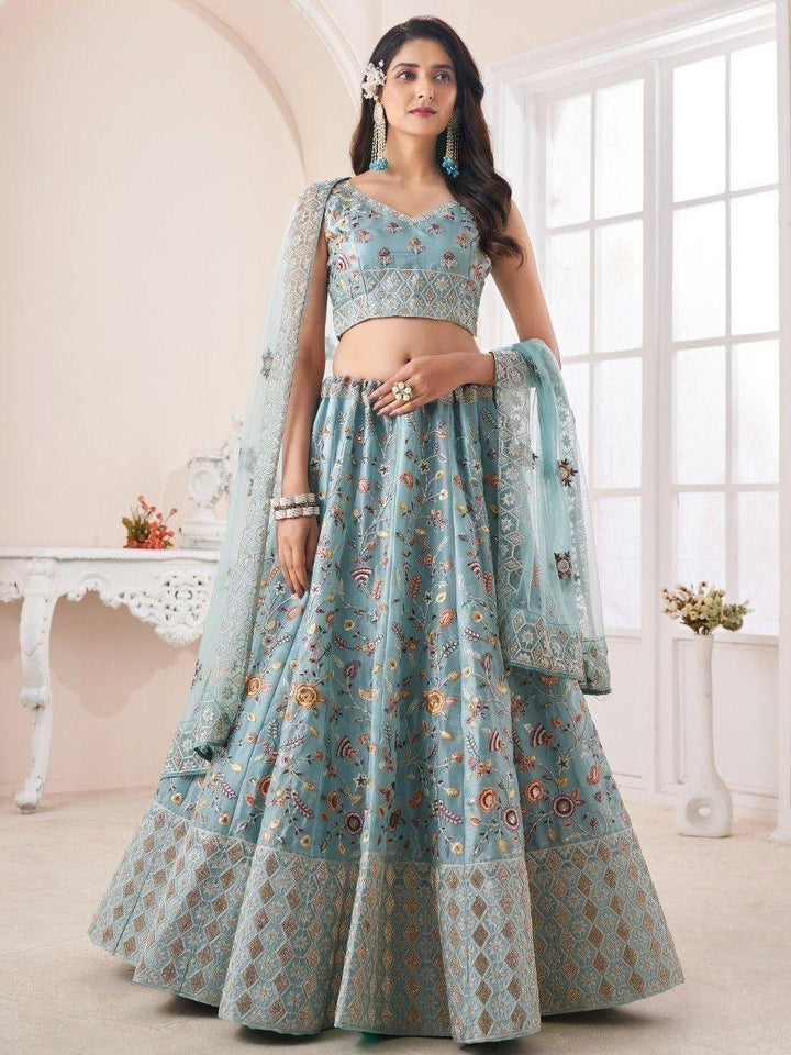 Lovely Turquoise Embroidered Silk Lehenga Choli With Dupatta