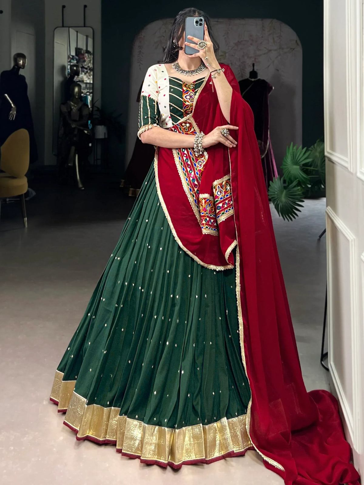 Imposing Green Thread Embroidered Chiffon Navratri Special Lehenga Choli - Zeel Clothing