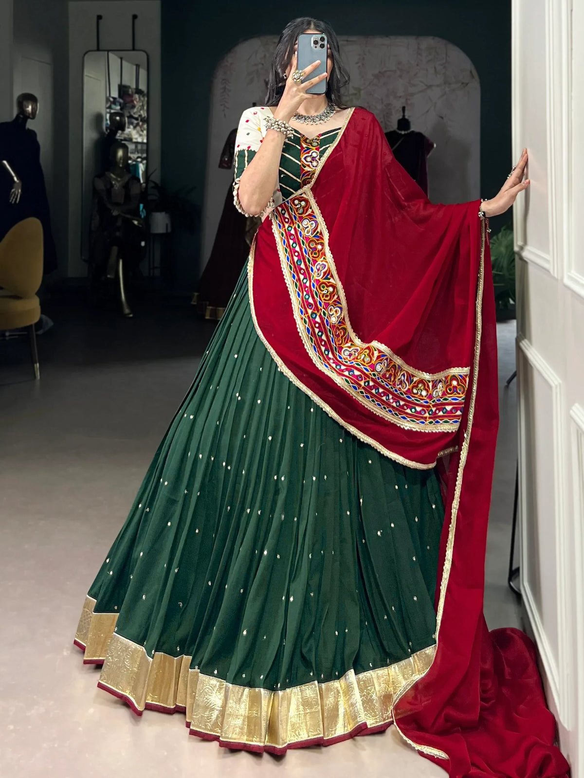 Imposing Green Thread Embroidered Chiffon Navratri Special Lehenga Choli - Zeel Clothing