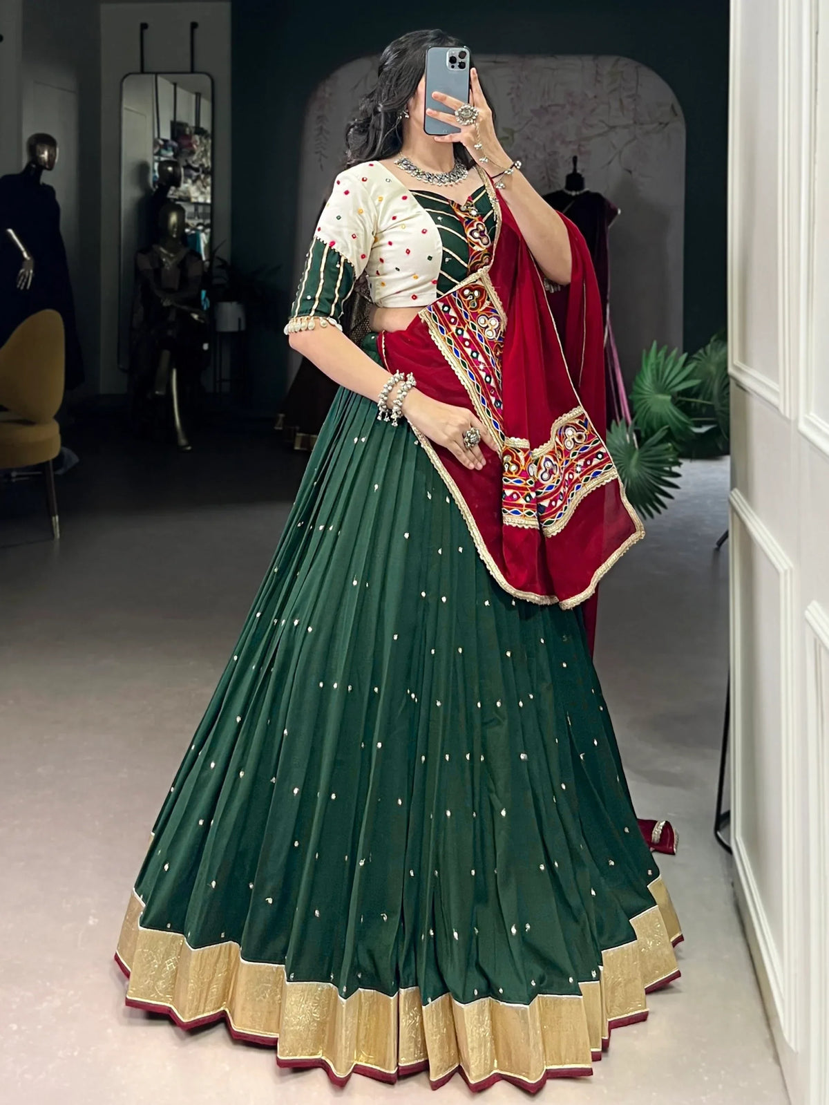 Imposing Green Thread Embroidered Chiffon Navratri Special Lehenga Choli - Zeel Clothing
