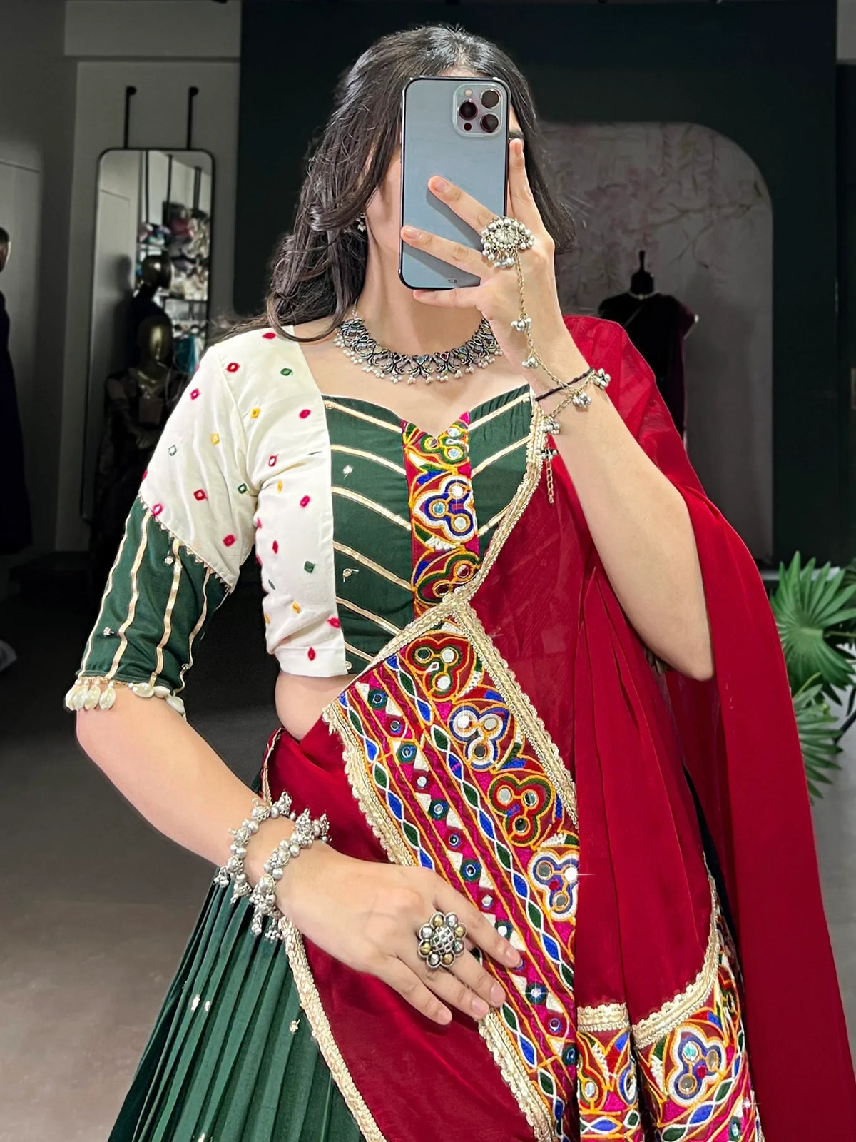 Imposing Green Thread Embroidered Chiffon Navratri Special Lehenga Choli - Zeel Clothing
