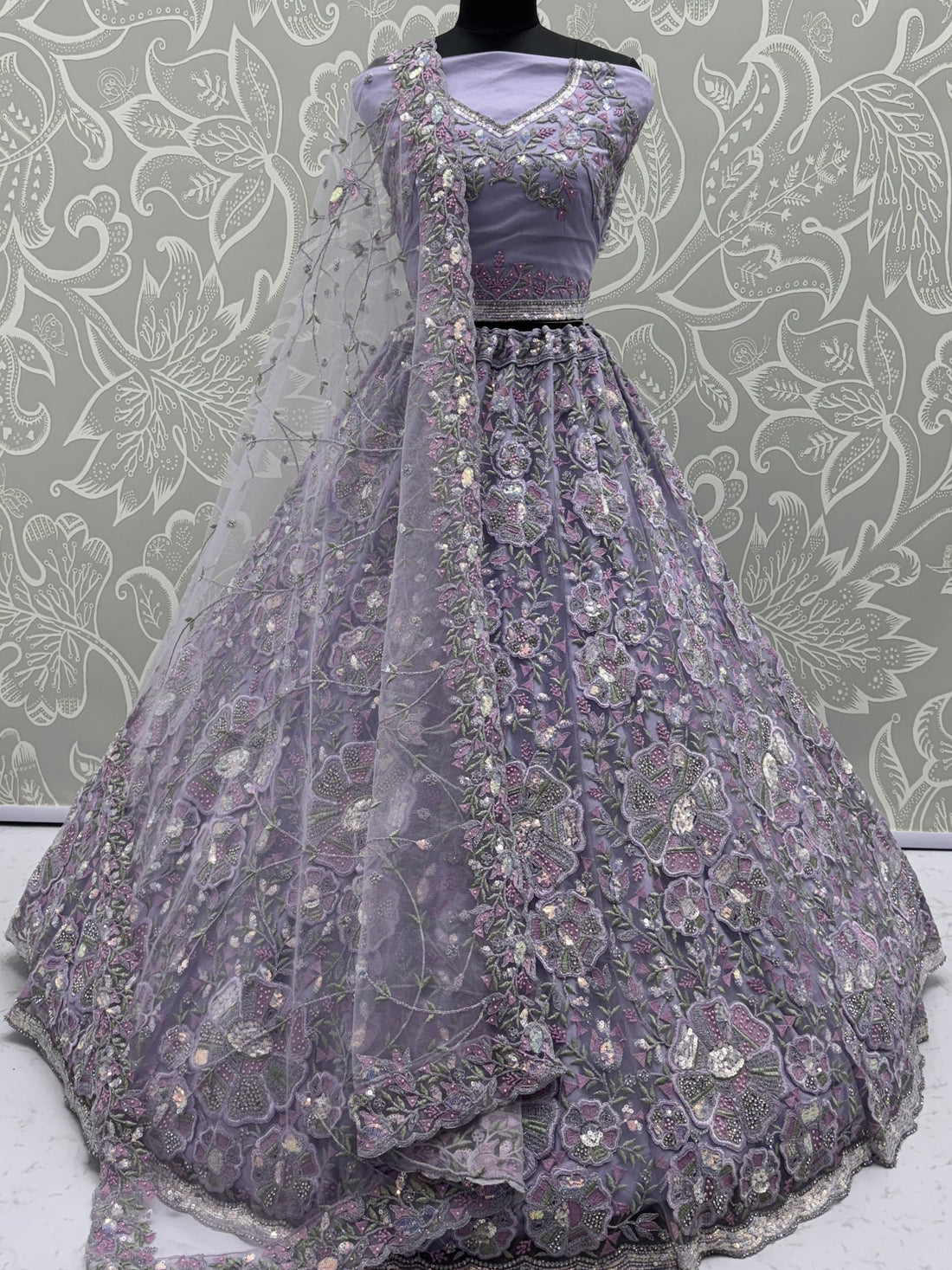 Imposing Lavender Sequins Work Net Wedding Wear Lehenga With Dupatta