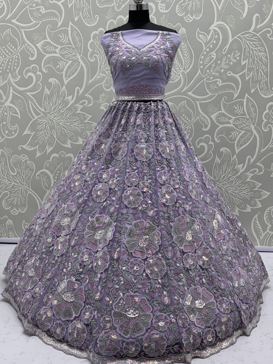 Imposing Lavender Sequins Work Net Wedding Wear Lehenga With Dupatta