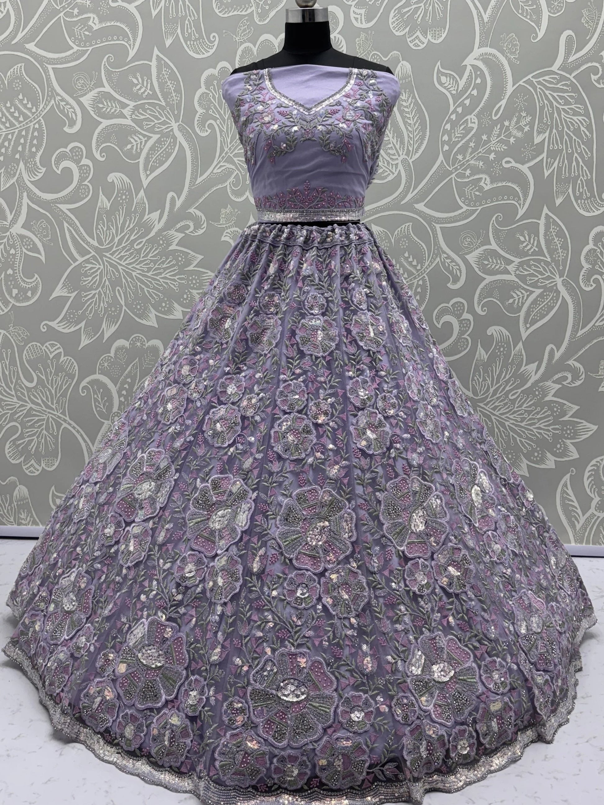 Imposing Lavender Sequins Work Net Wedding Wear Lehenga With Dupatta