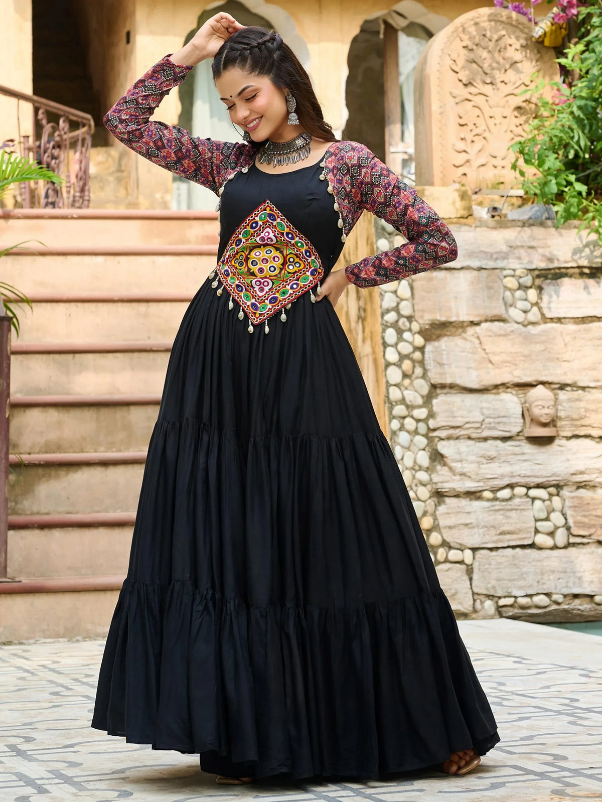 Impressive Black Gamthi Work Rayon Navratri Wear Gown - Zeel Clothing