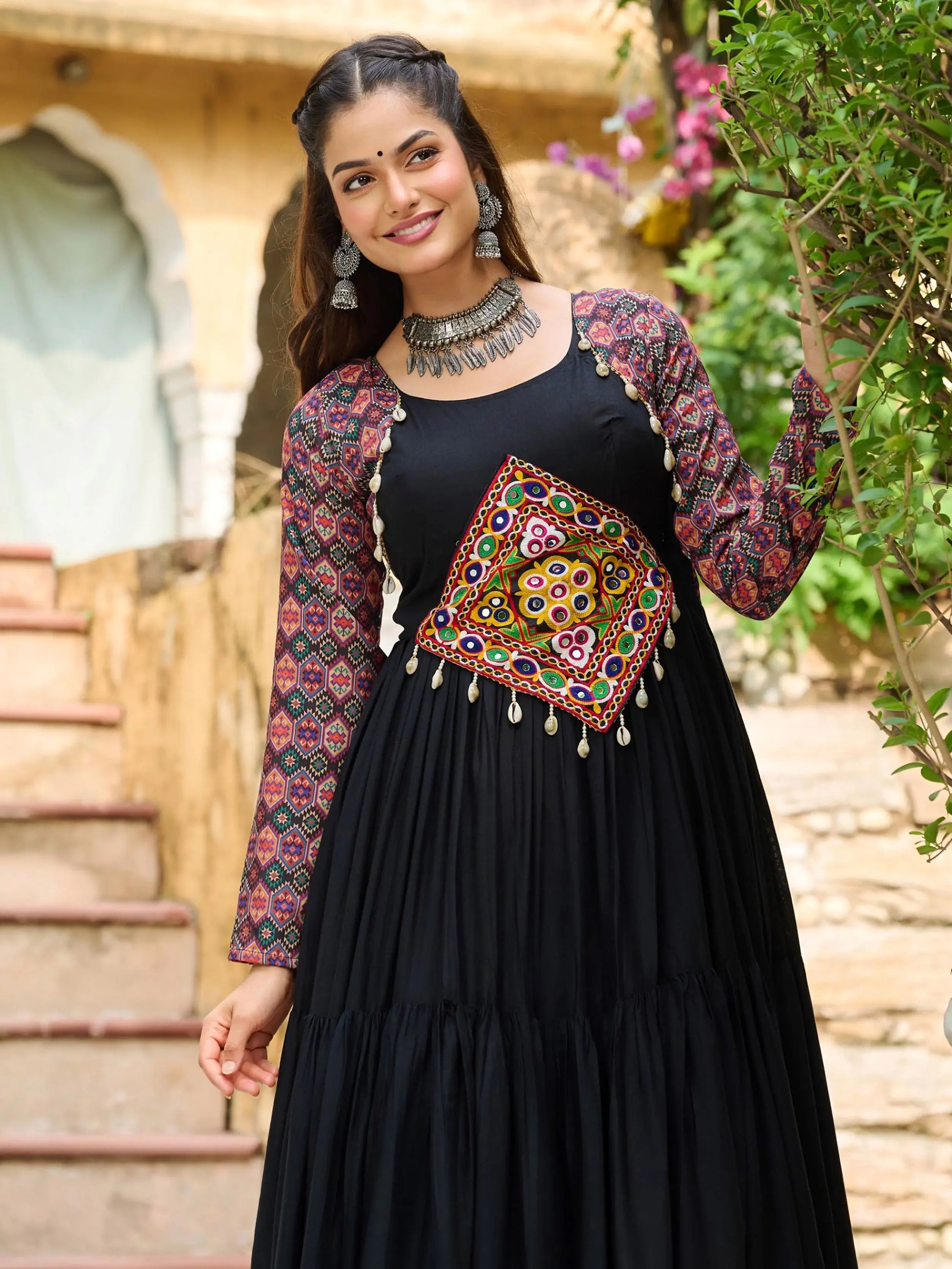 Impressive Black Gamthi Work Rayon Navratri Wear Gown - Zeel Clothing