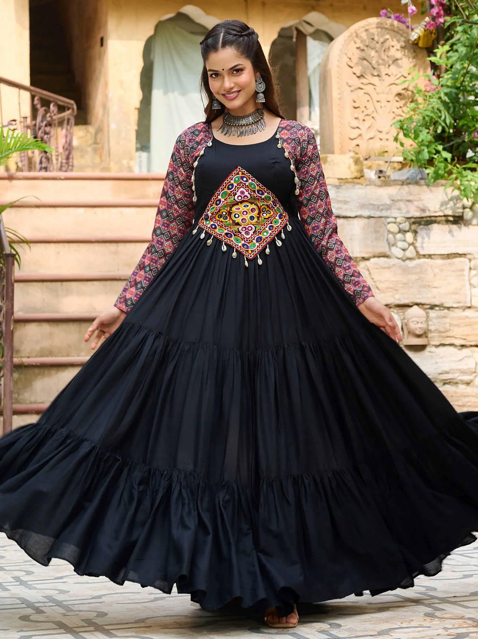 Impressive Black Gamthi Work Rayon Navratri Wear Gown - Zeel Clothing