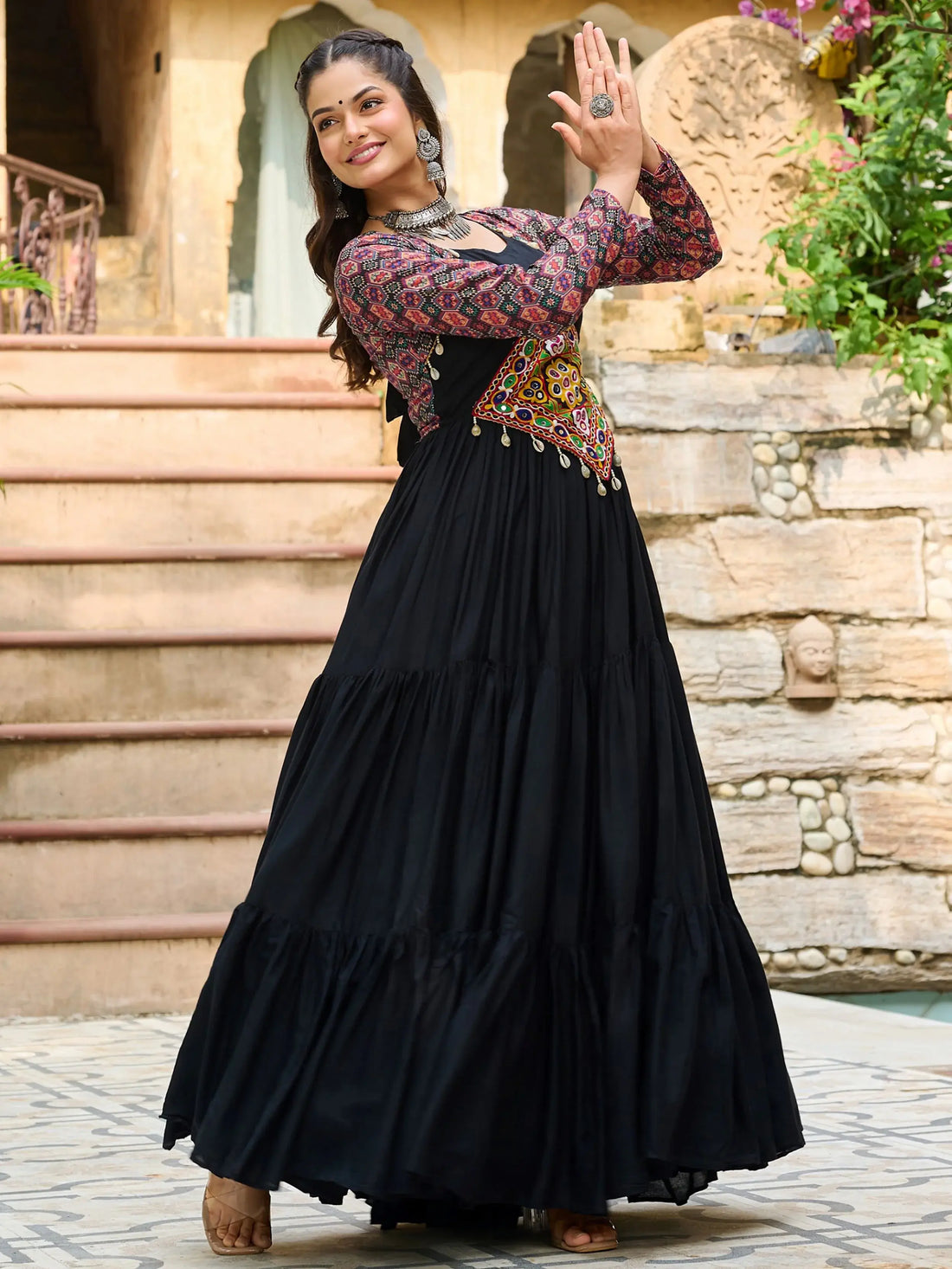 Impressive Black Gamthi Work Rayon Navratri Wear Gown - Zeel Clothing