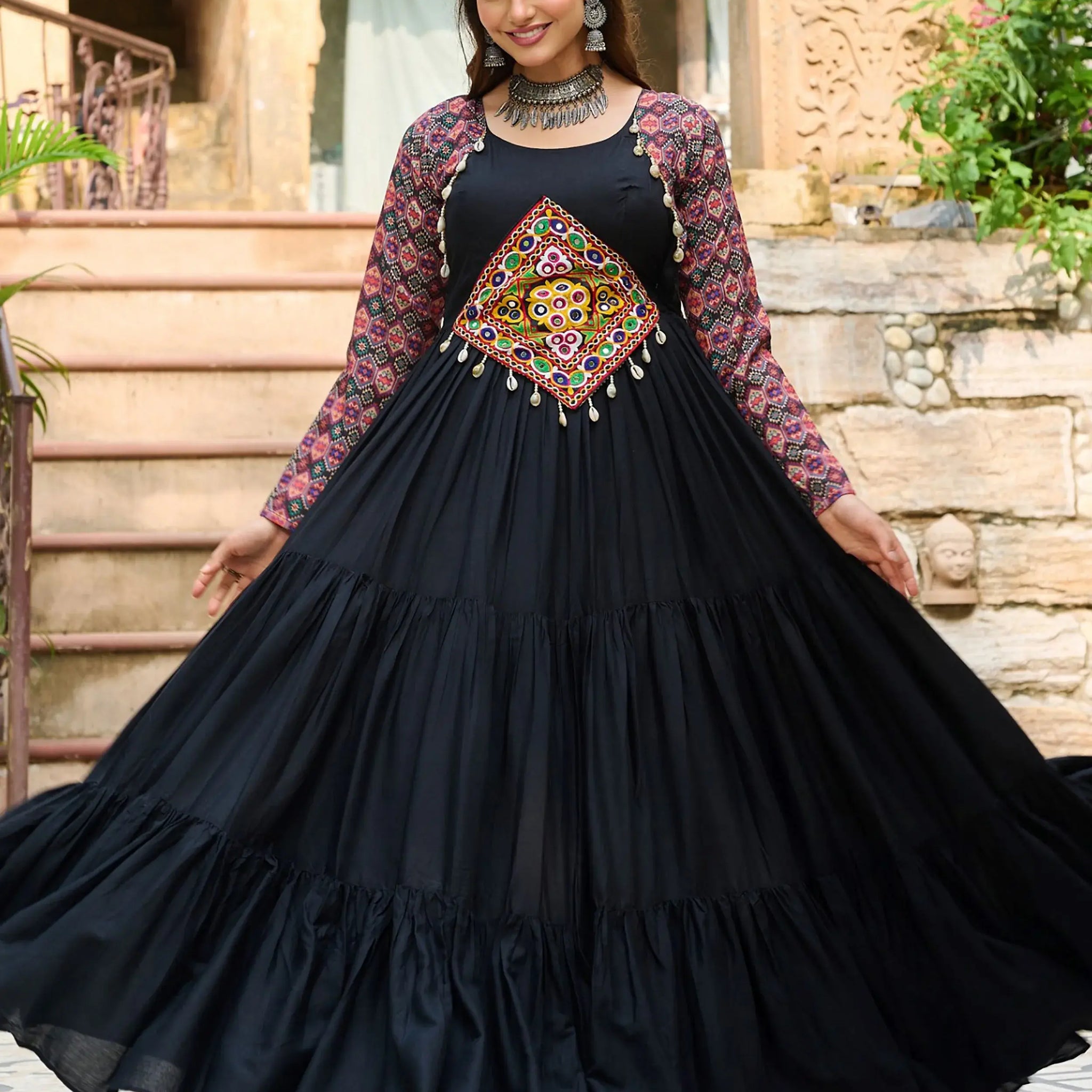 Impressive Black Gamthi Work Rayon Navratri Wear Gown - Zeel Clothing