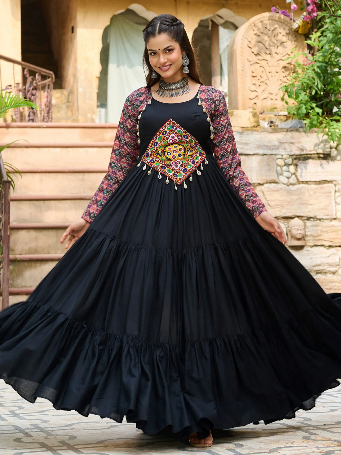 Impressive Black Gamthi Work Rayon Navratri Wear Gown - Zeel Clothing