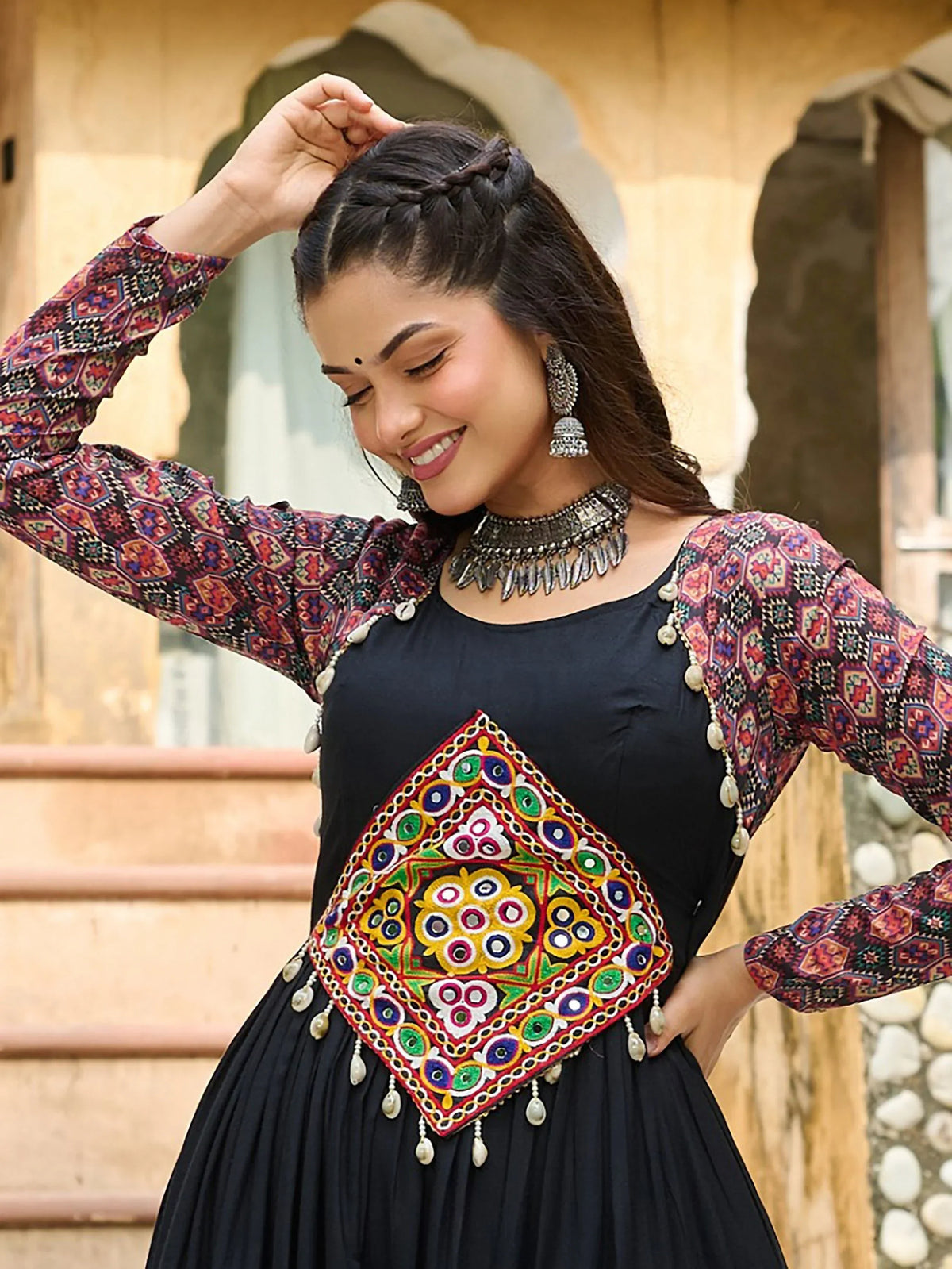 Impressive Black Gamthi Work Rayon Navratri Wear Gown - Zeel Clothing
