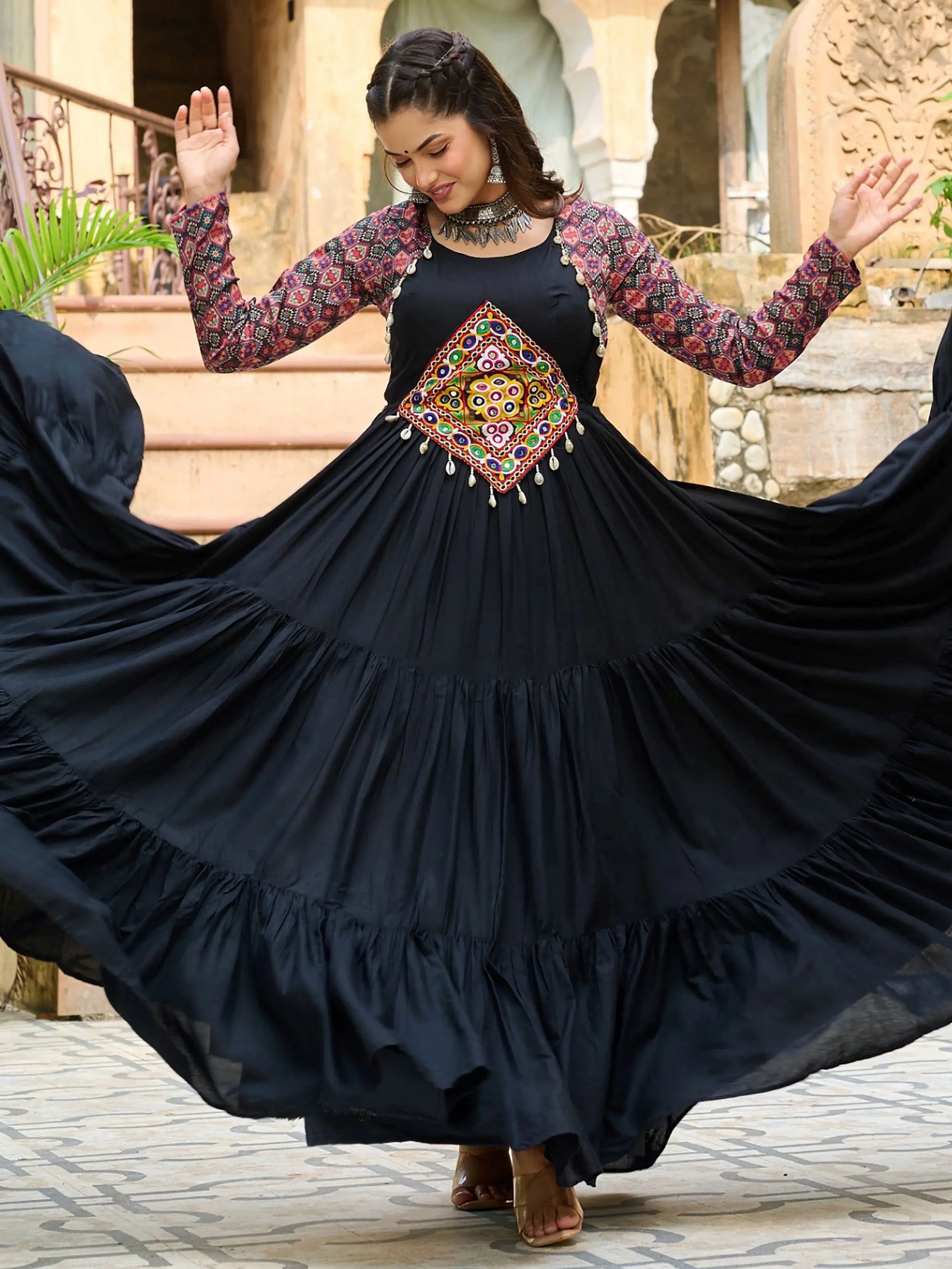 Impressive Black Gamthi Work Rayon Navratri Wear Gown - Zeel Clothing