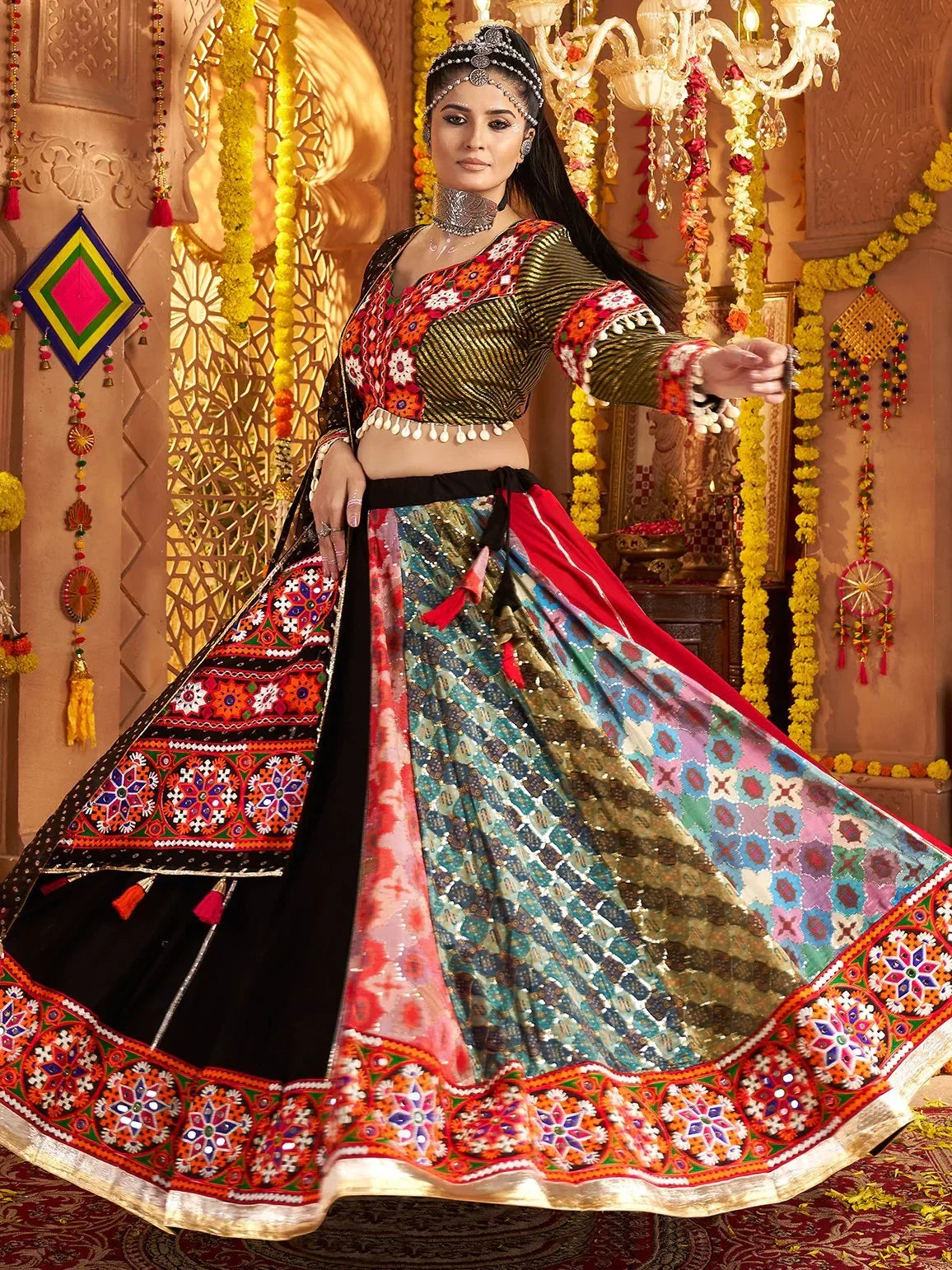 Impressive Black Thread Embroidered Rayon Navratri Special Lehenga With Blouse - Zeel Clothing