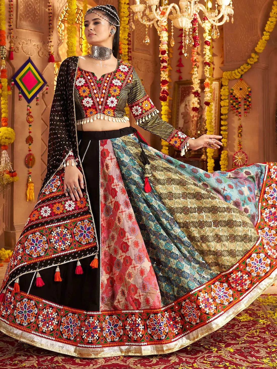 Impressive Black Thread Embroidered Rayon Navratri Special Lehenga With Blouse - Zeel Clothing