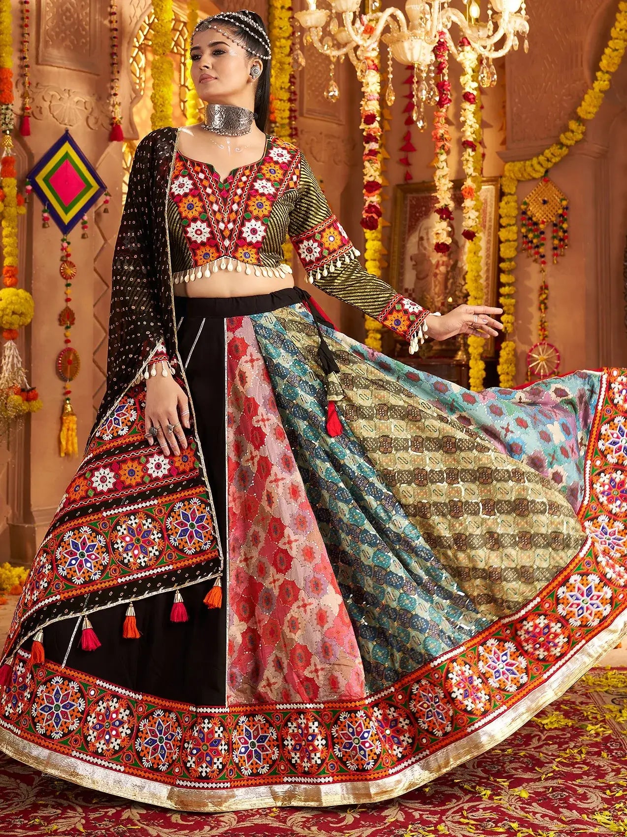 Impressive Black Thread Embroidered Rayon Navratri Special Lehenga With Blouse - Zeel Clothing