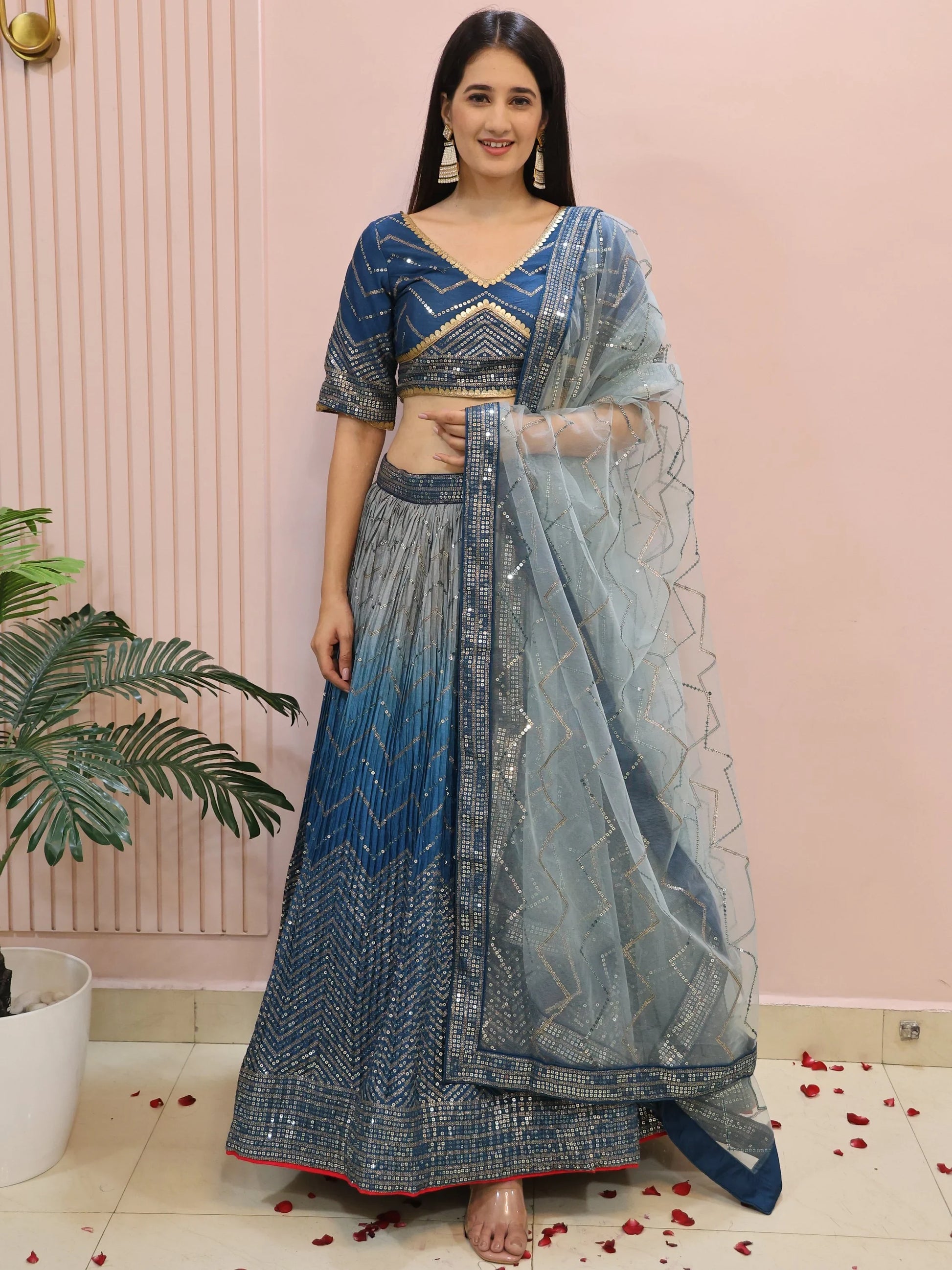 Impressive Blue Sequins Chinon Party Wear Lehenga Choli With Dupatta - Zeel Clothing