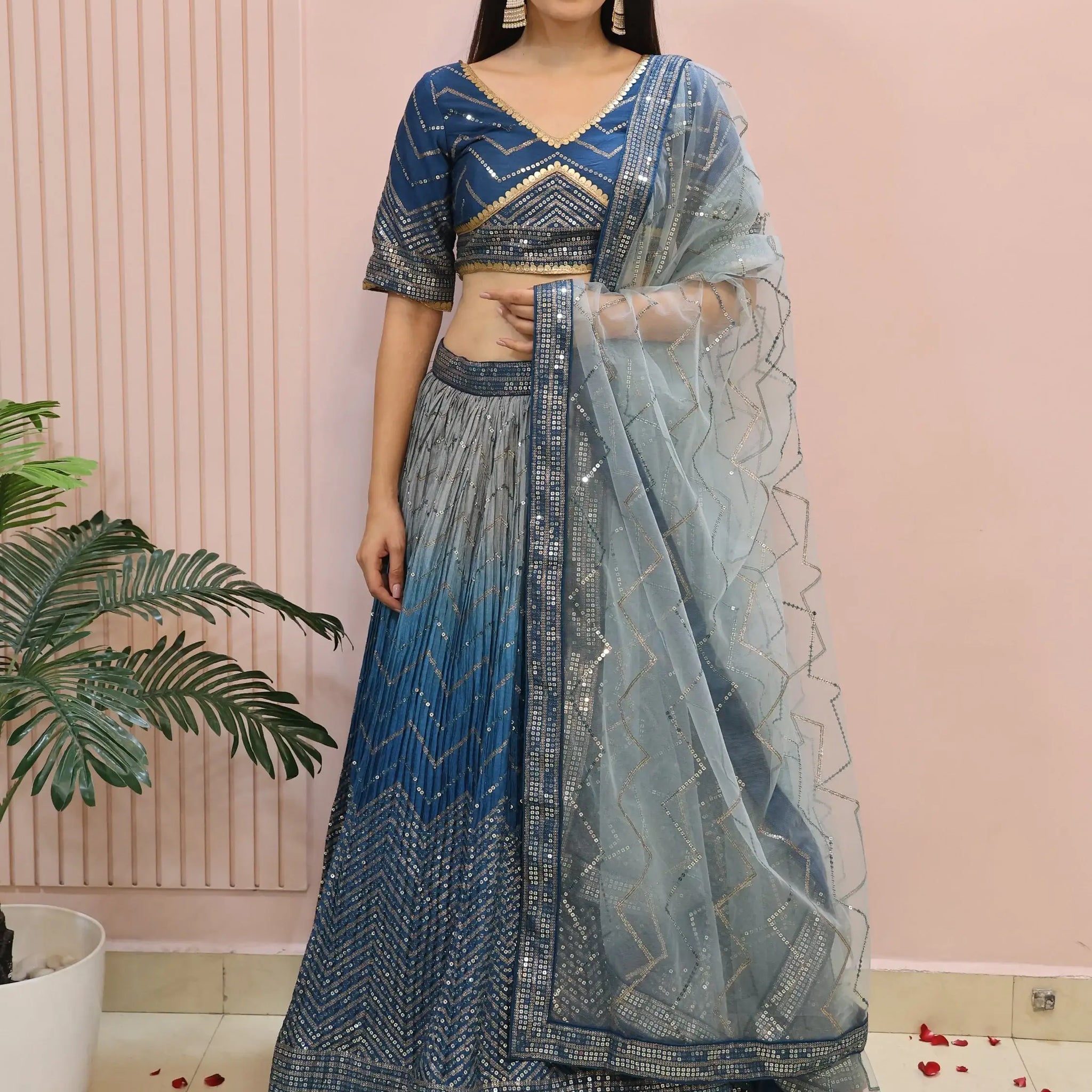 Impressive Blue Sequins Chinon Party Wear Lehenga Choli With Dupatta - Zeel Clothing