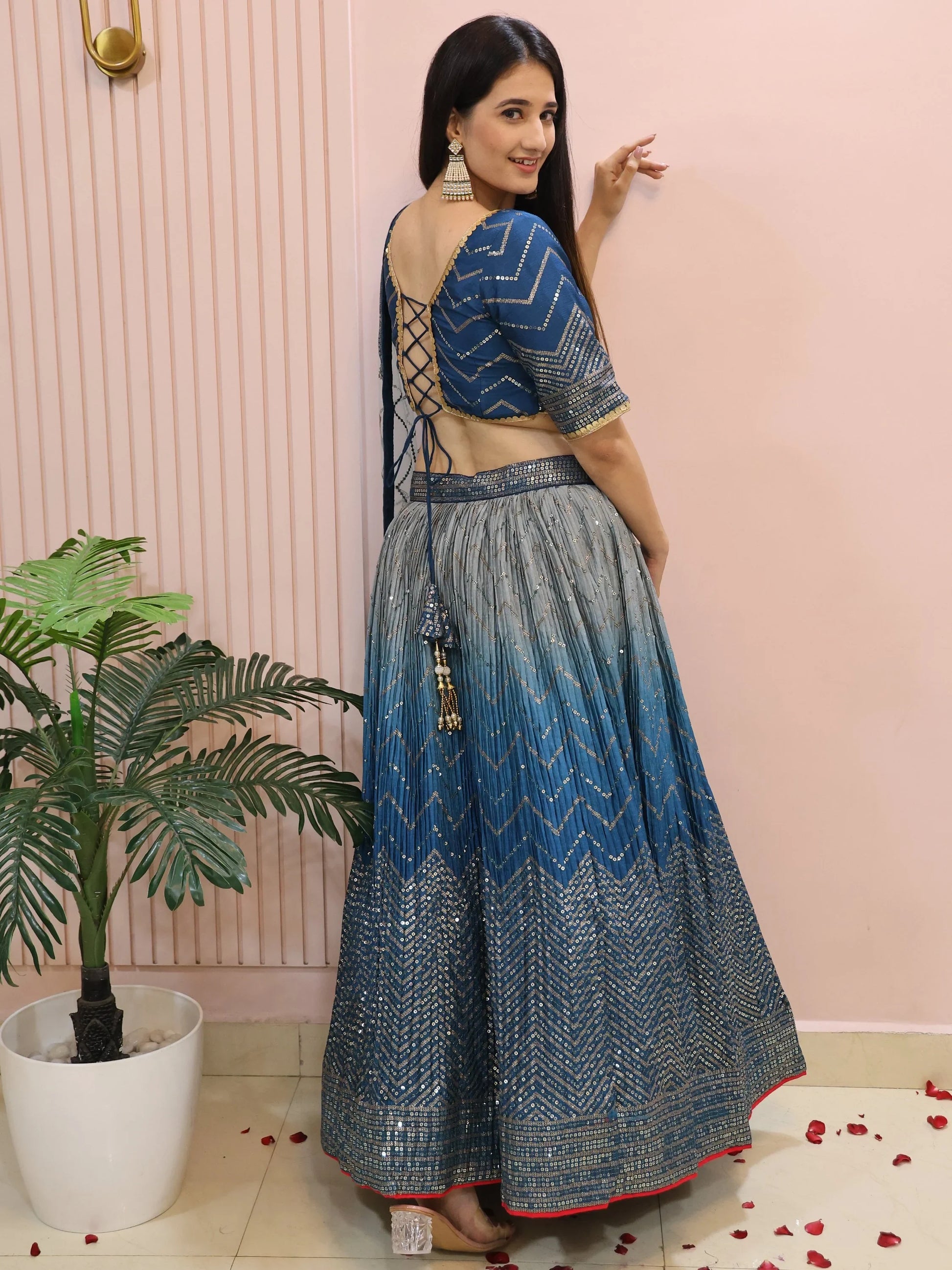 Impressive Blue Sequins Chinon Party Wear Lehenga Choli With Dupatta - Zeel Clothing