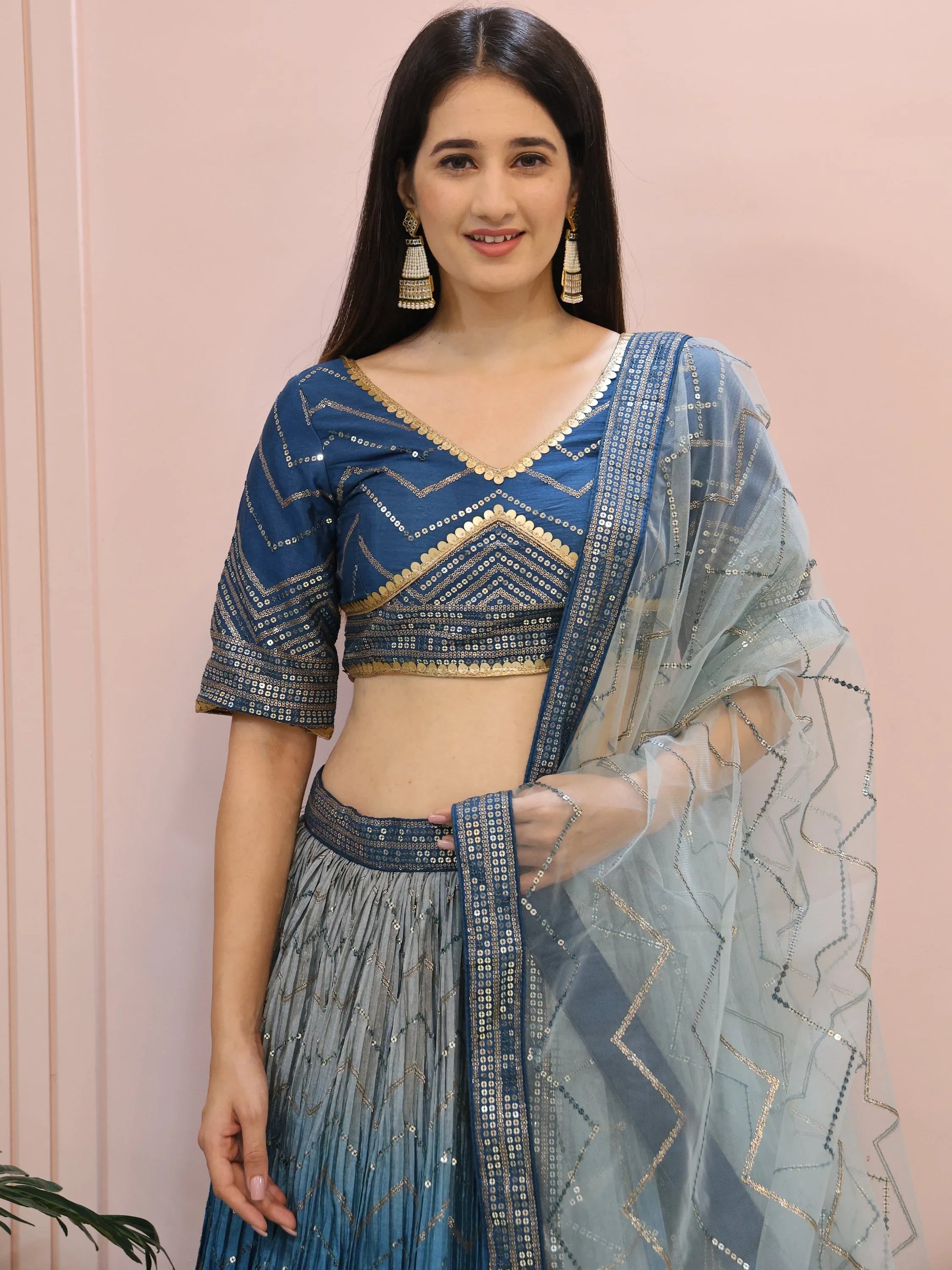 Impressive Blue Sequins Chinon Party Wear Lehenga Choli With Dupatta - Zeel Clothing