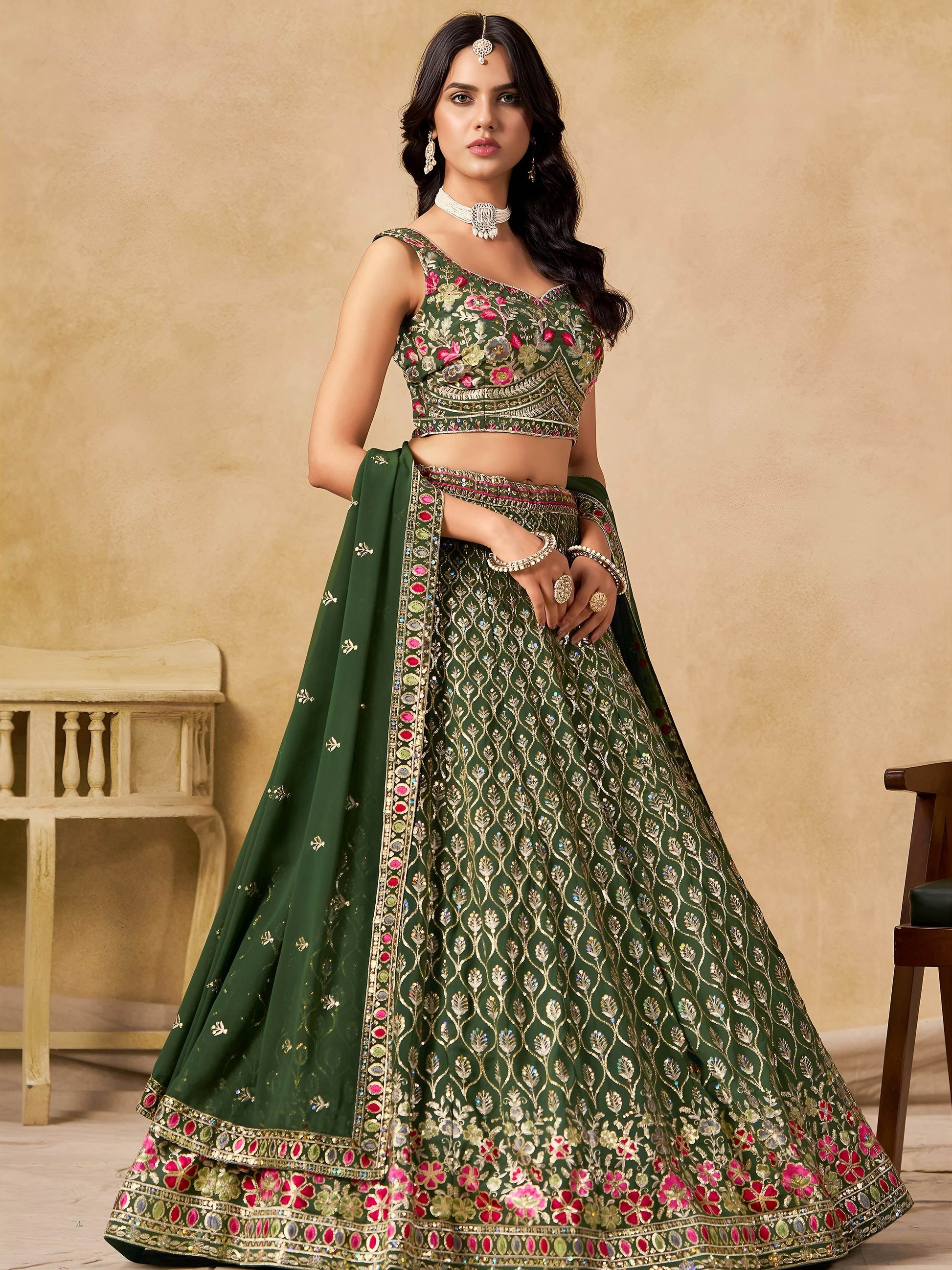 Impressive Dark Green Zari Embroidery Georgette Mehendi Wear Lehenga Choli