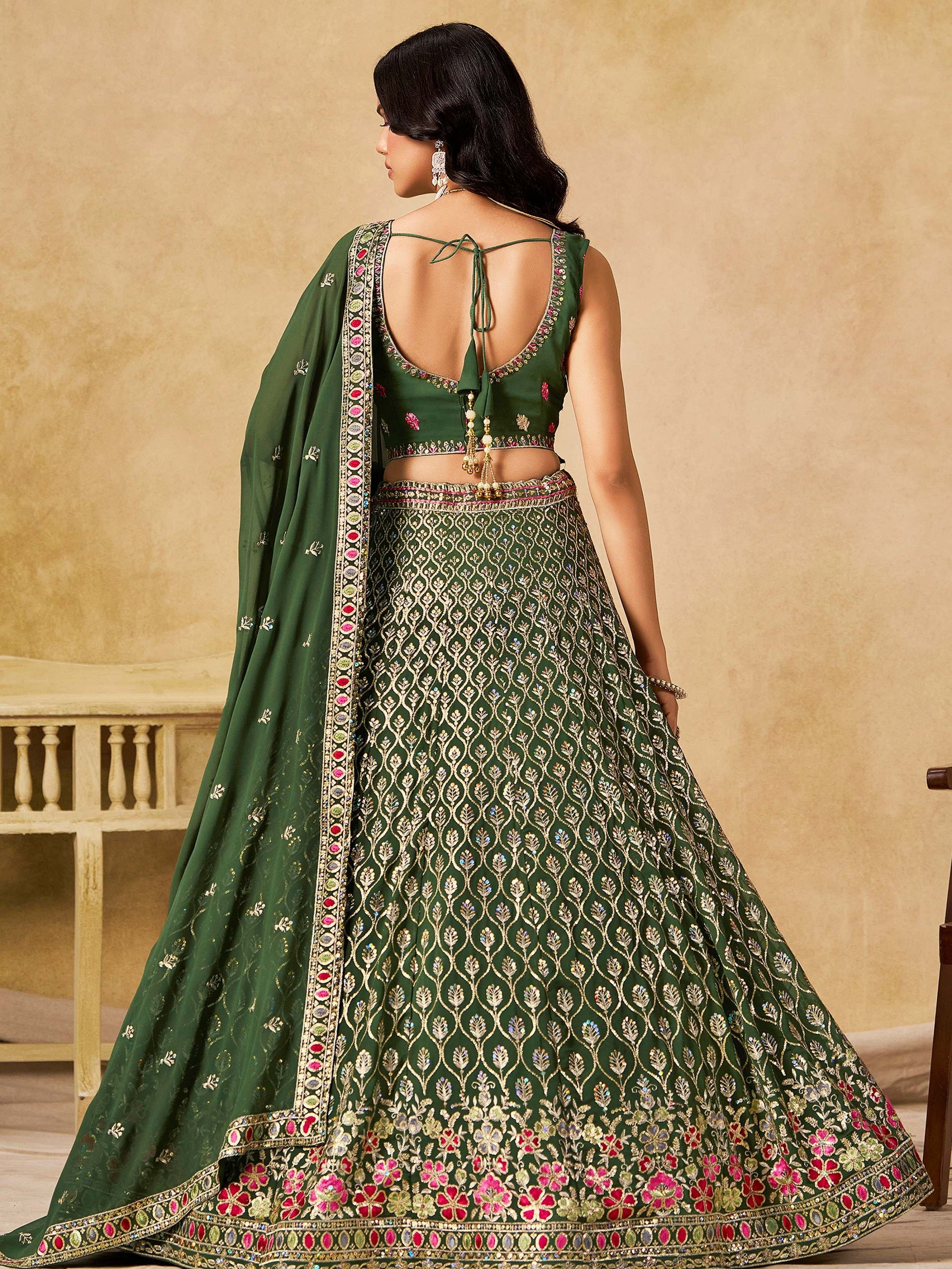 Impressive Dark Green Zari Embroidery Georgette Mehendi Wear Lehenga Choli